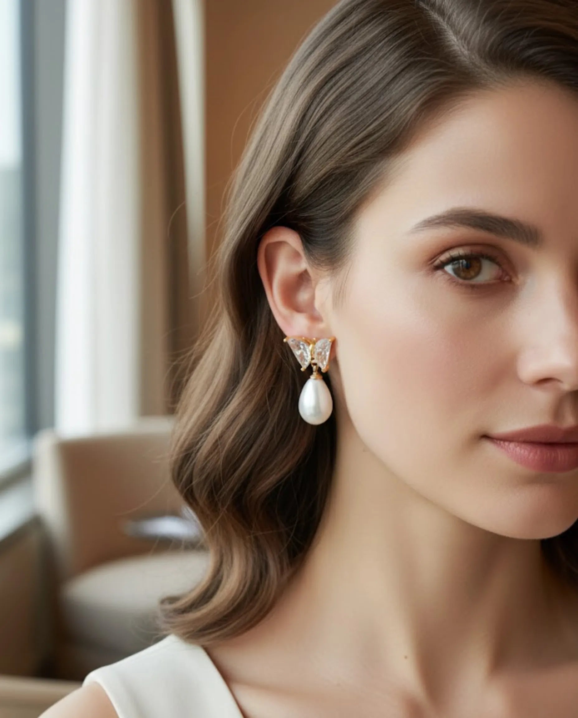 Orneza Crystal Butterfly Gold Drop Earrings with Teardrop Pearl