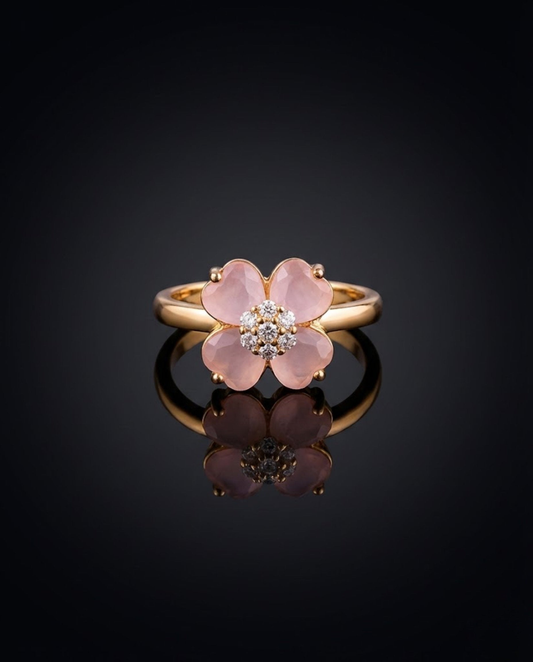Orneza Rose Quartz Clover Flower Gold Plated Ring