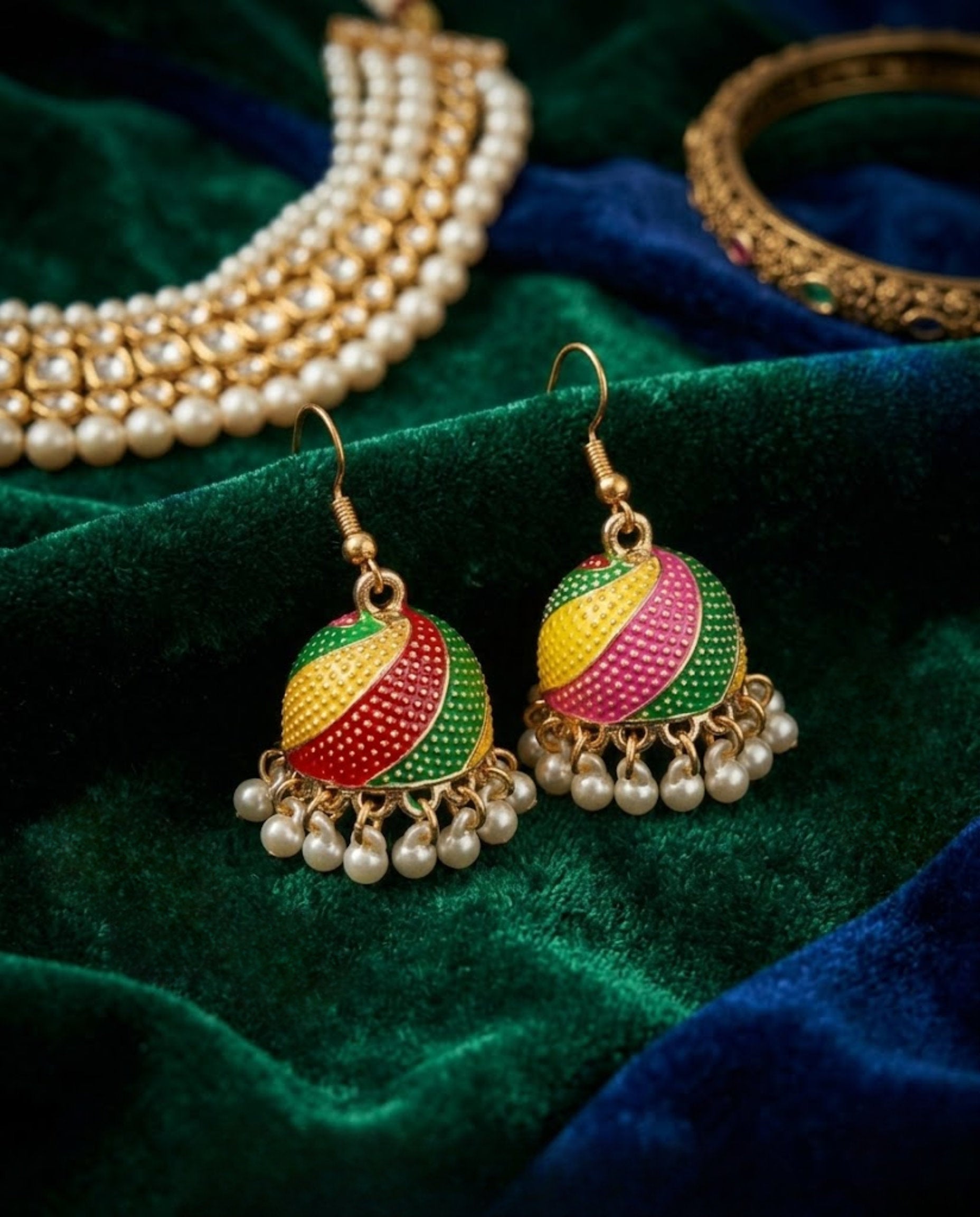 Orneza Multi-Color Meenakari Jhumka Earrings with Pearls