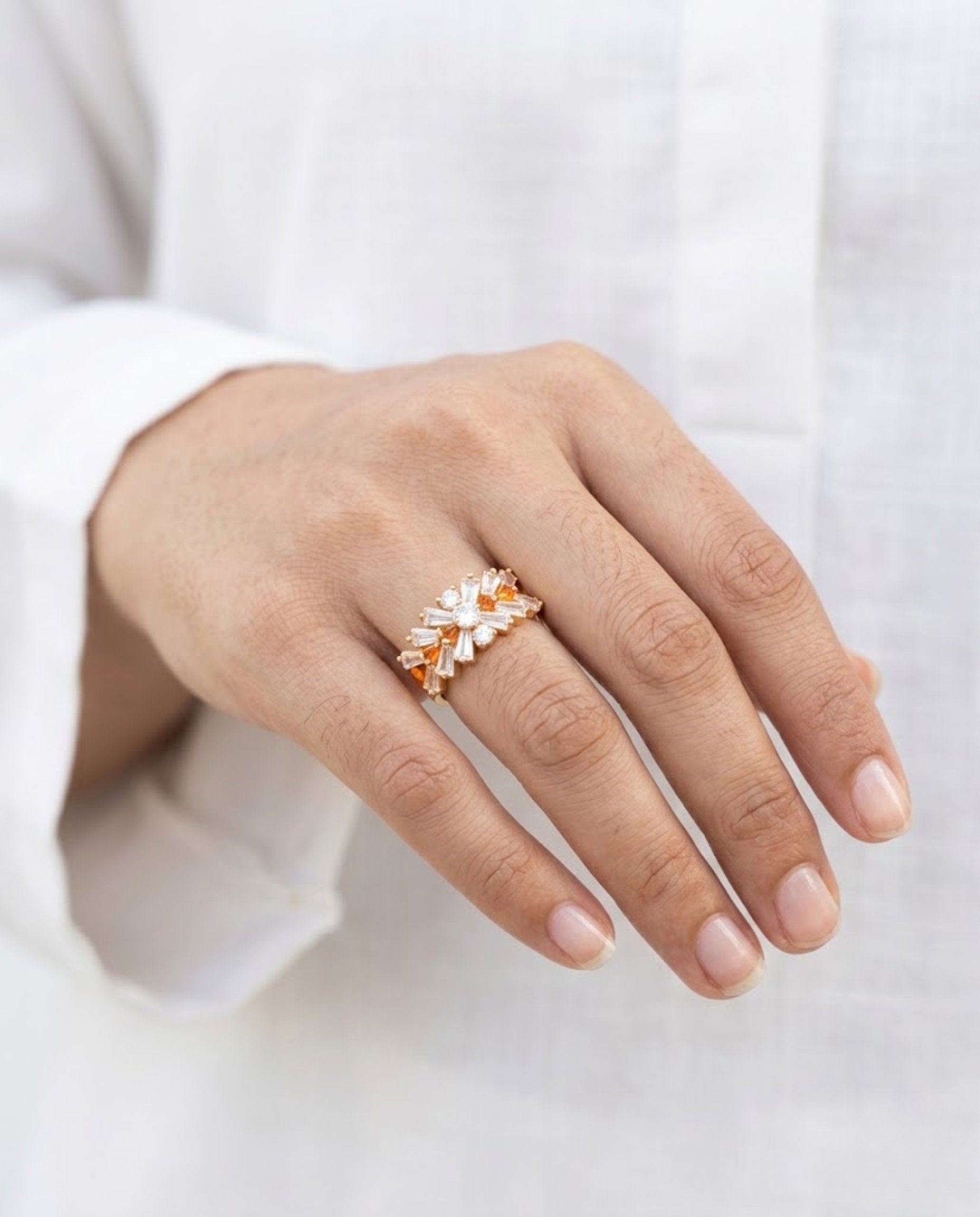 Orneza Gold Baguette and Amber Crystal Statement Ring