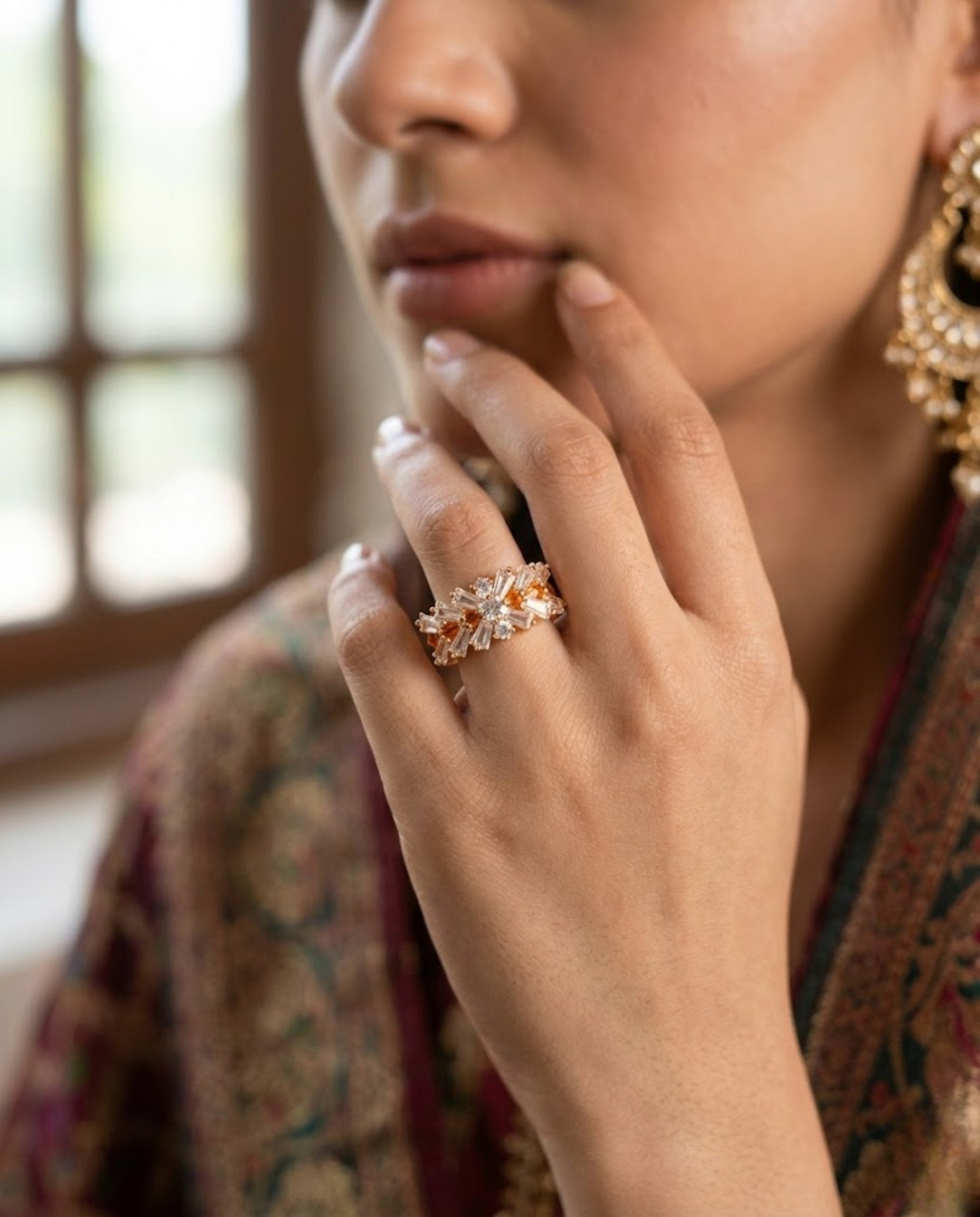 Orneza Gold Baguette and Amber Crystal Statement Ring