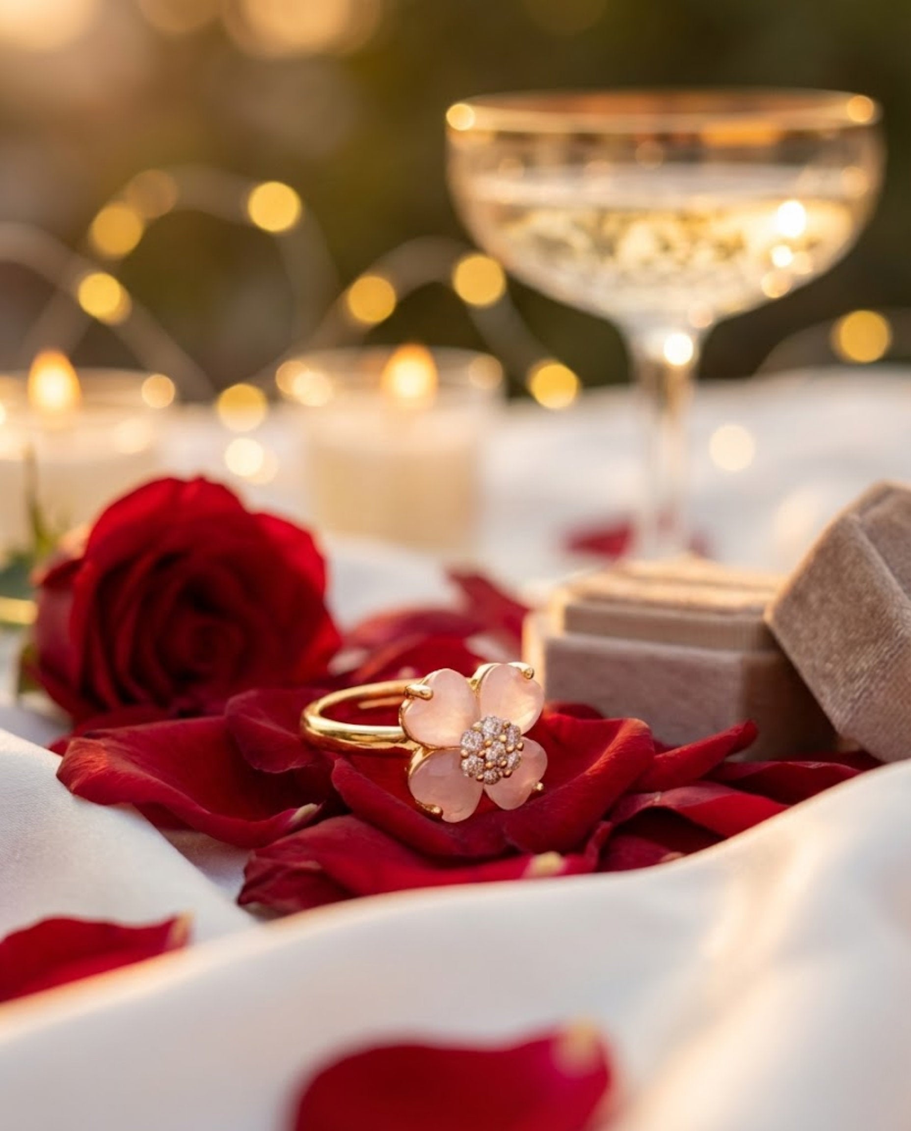 Orneza Rose Quartz Clover Flower Gold Plated Ring