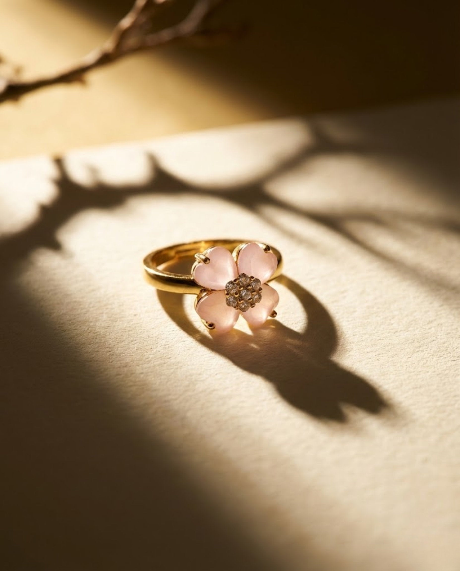 Orneza Rose Quartz Clover Flower Gold Plated Ring