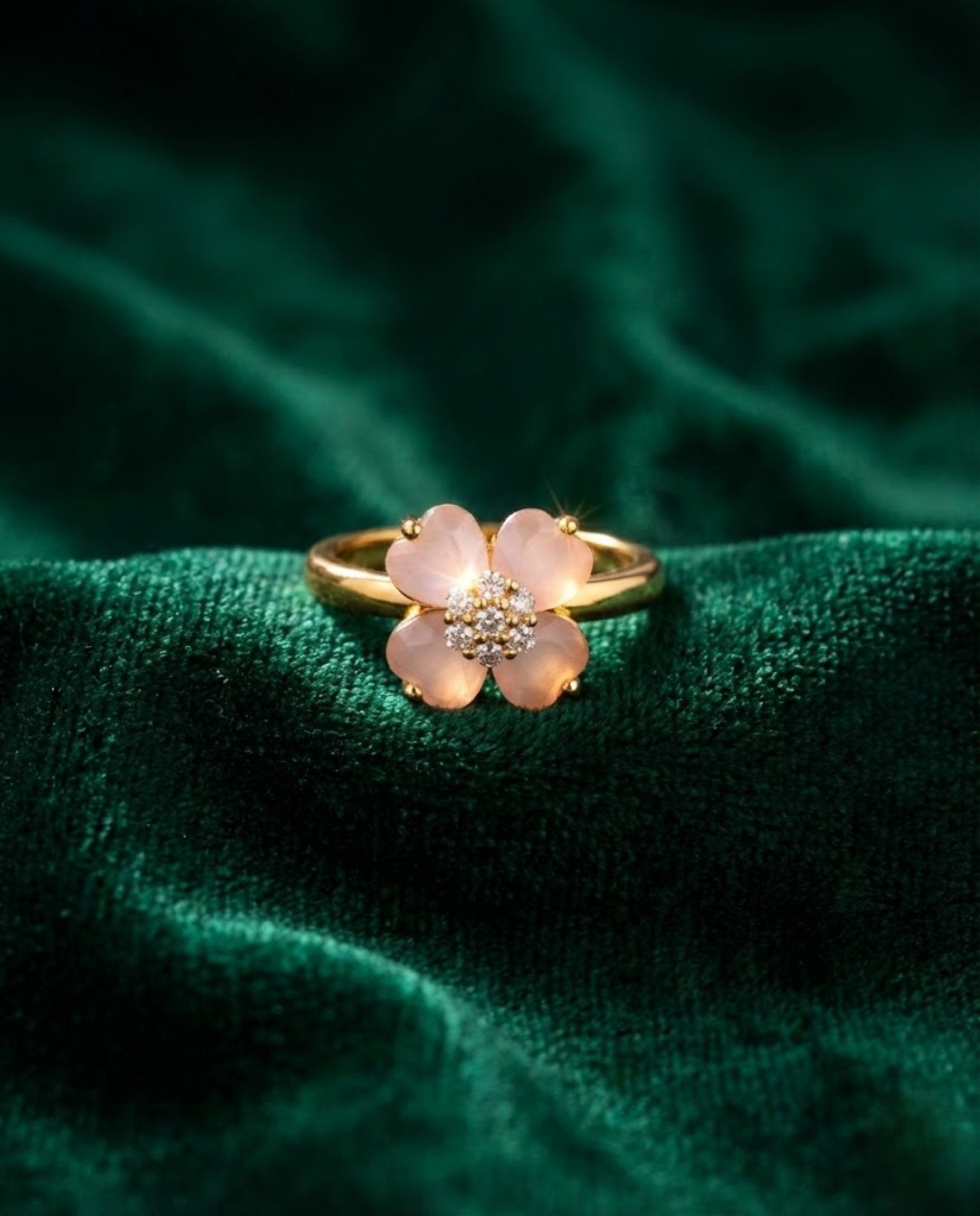 Orneza Rose Quartz Clover Flower Gold Plated Ring