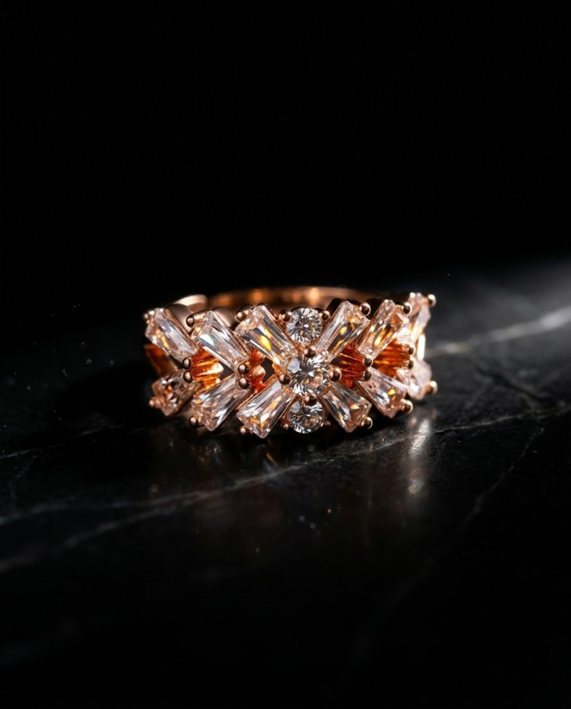 Orneza Gold Baguette and Amber Crystal Statement Ring
