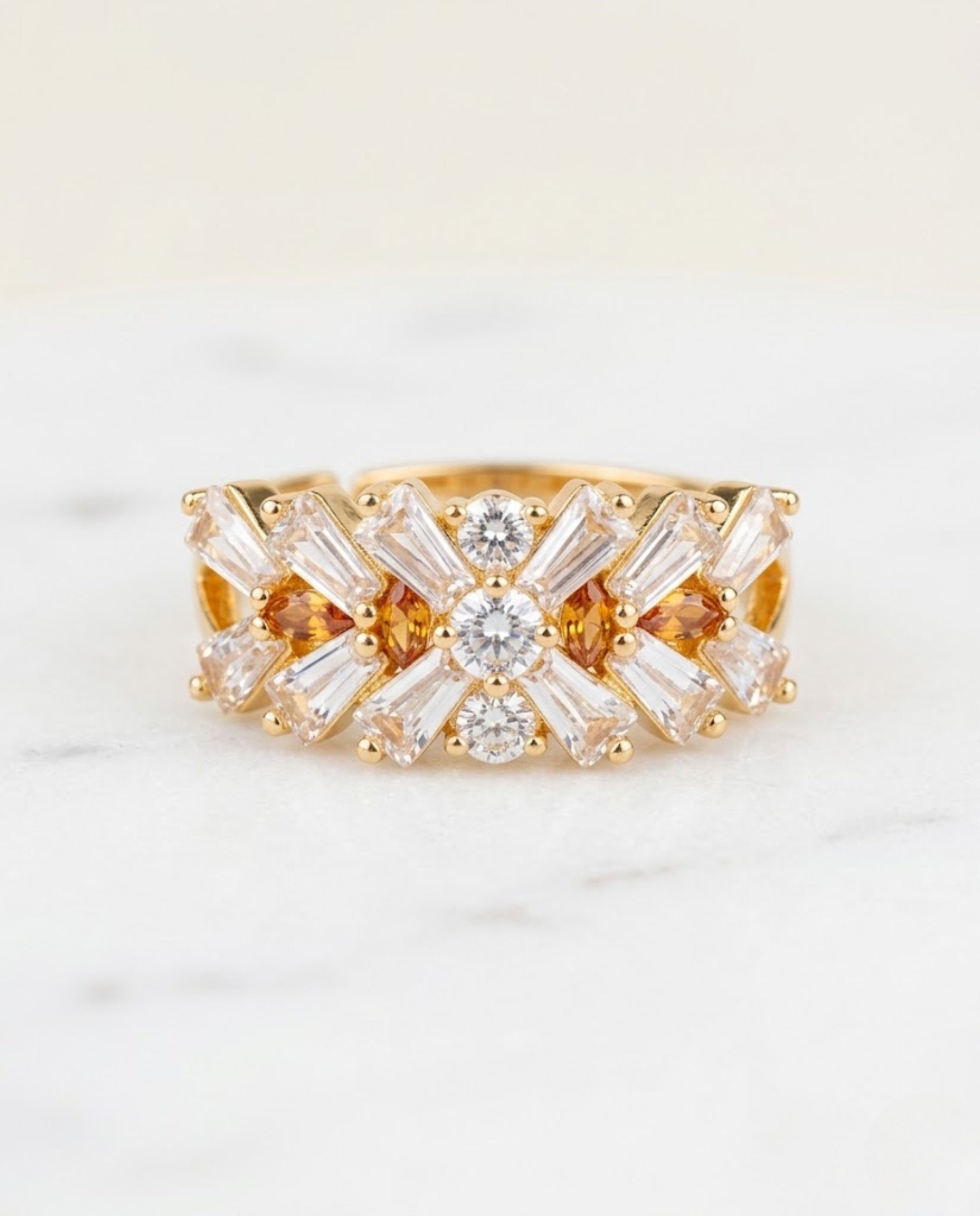 Orneza Gold Baguette and Amber Crystal Statement Ring