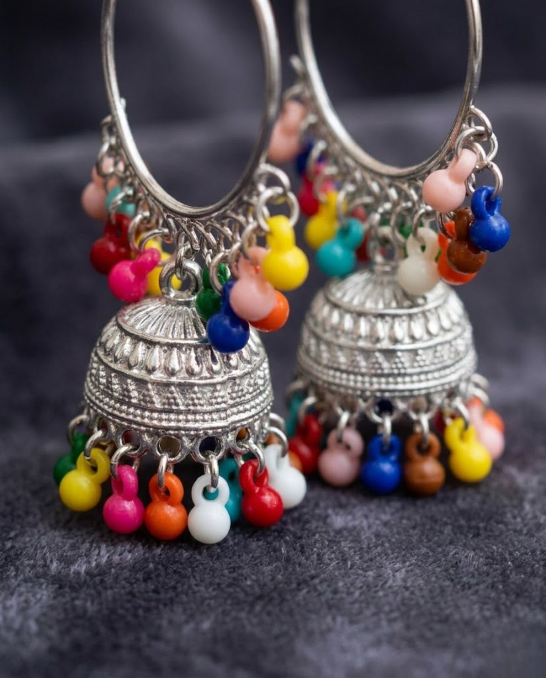 Orneza Silver Oxidized Hoop Jhumka Earrings with Beads