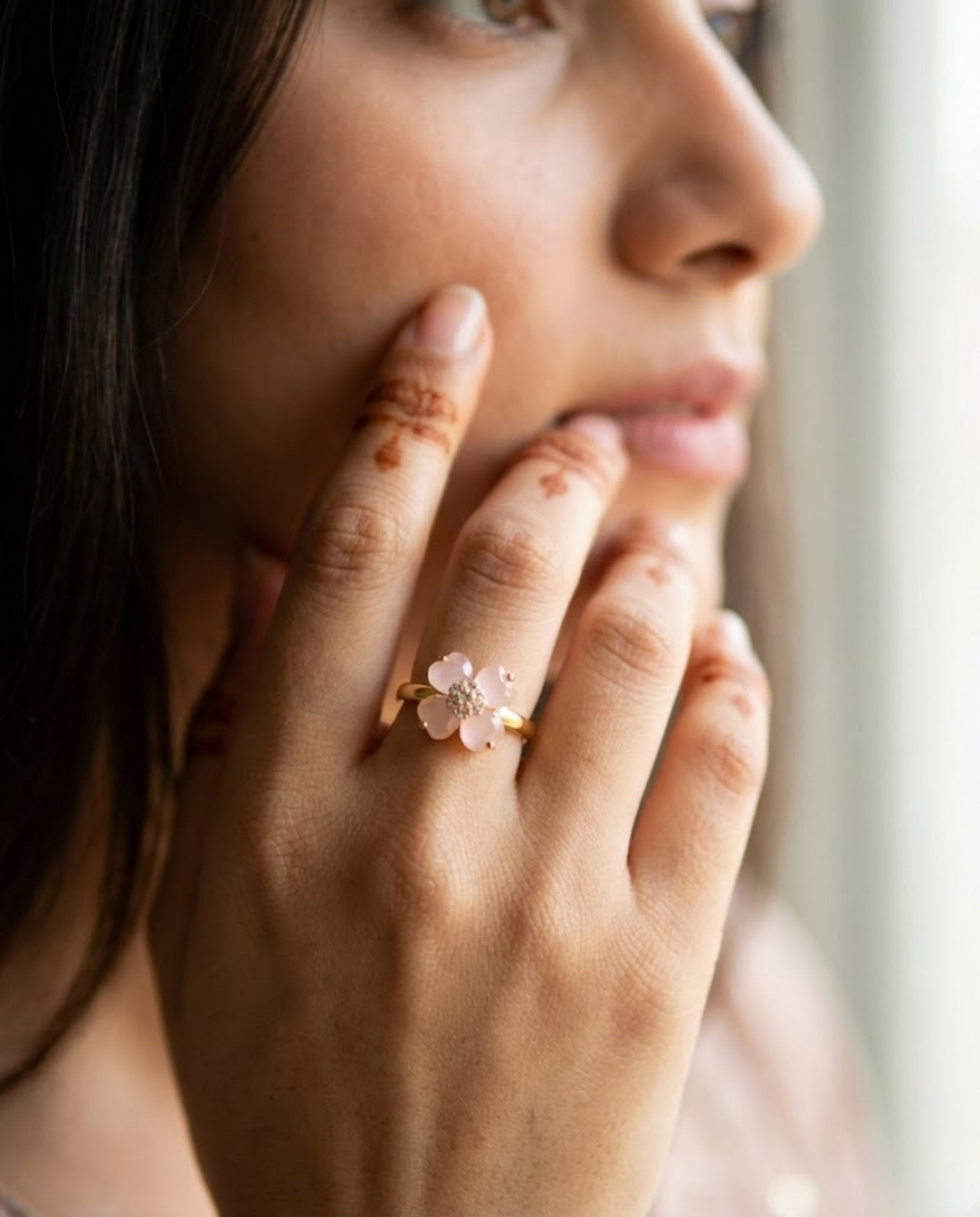 Orneza Rose Quartz Clover Flower Gold Plated Ring