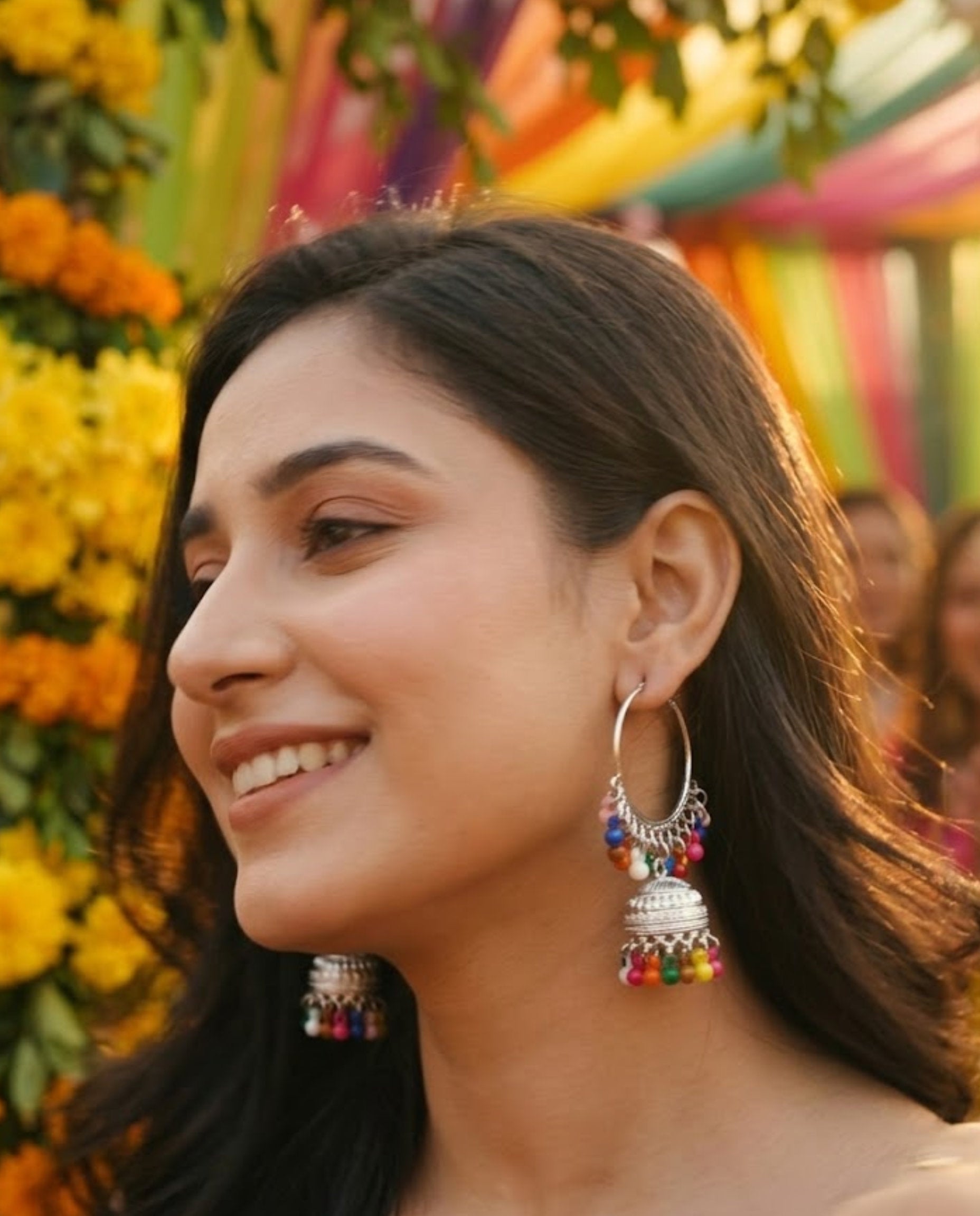 Orneza Silver Oxidized Hoop Jhumka Earrings with Beads