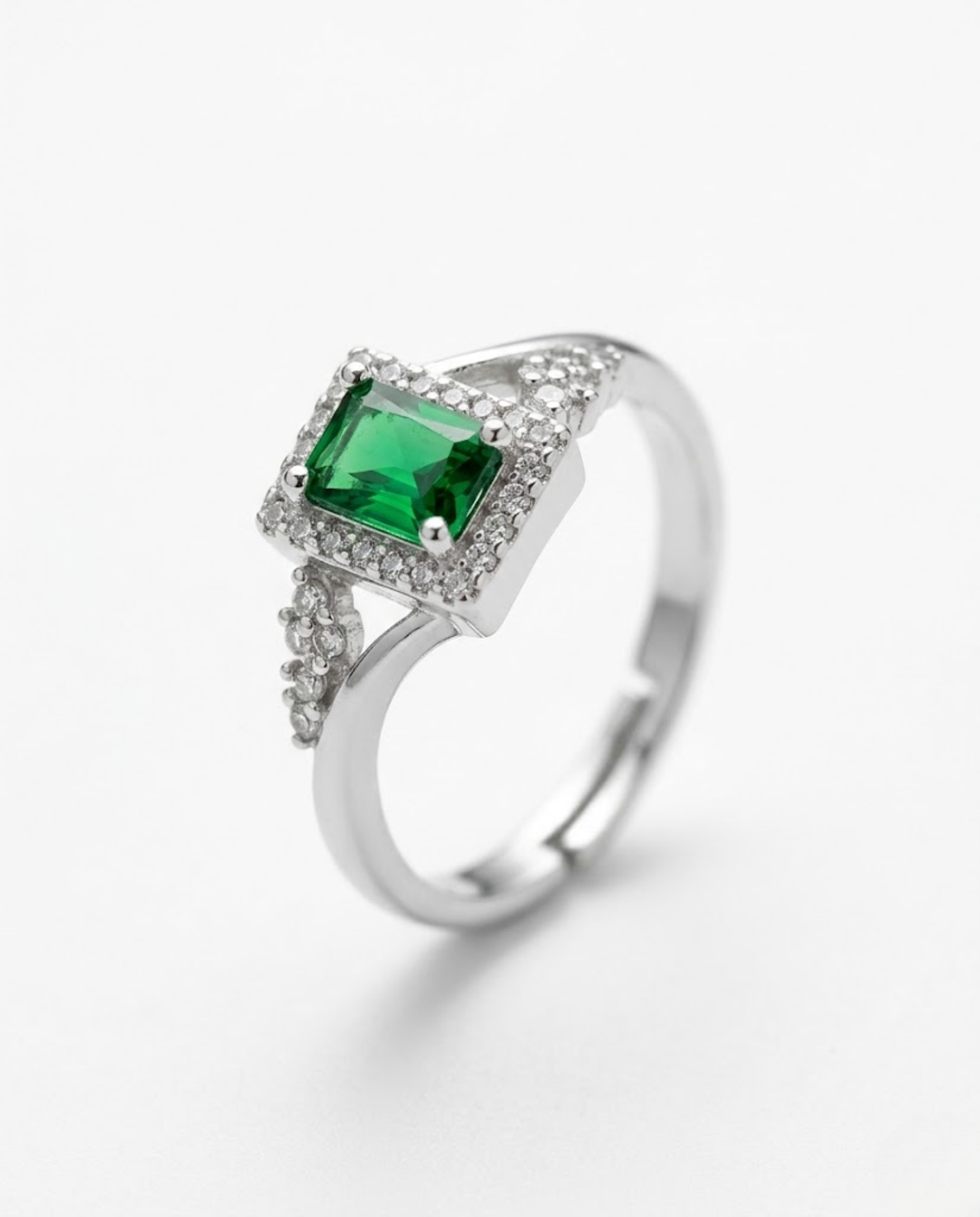 Orneza Emerald Green Zirconia Silver Halo Statement Ring