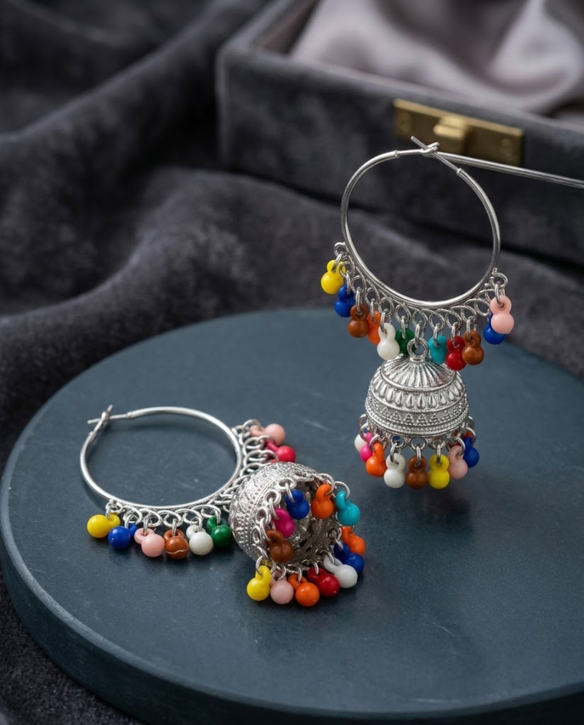 Orneza Silver Oxidized Hoop Jhumka Earrings with Beads