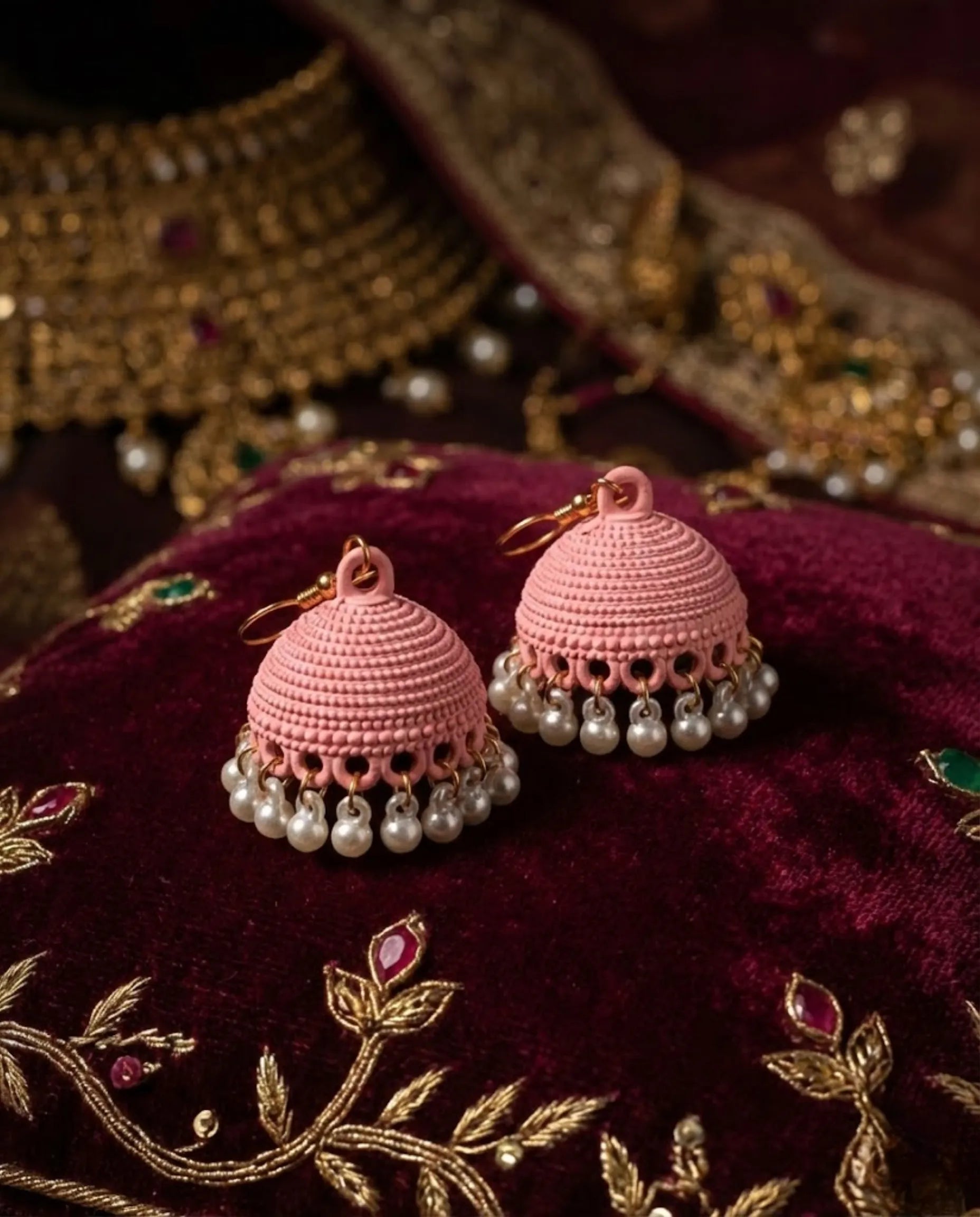 Orneza Blossom Pink Textured Jhumka Earrings with Pearls