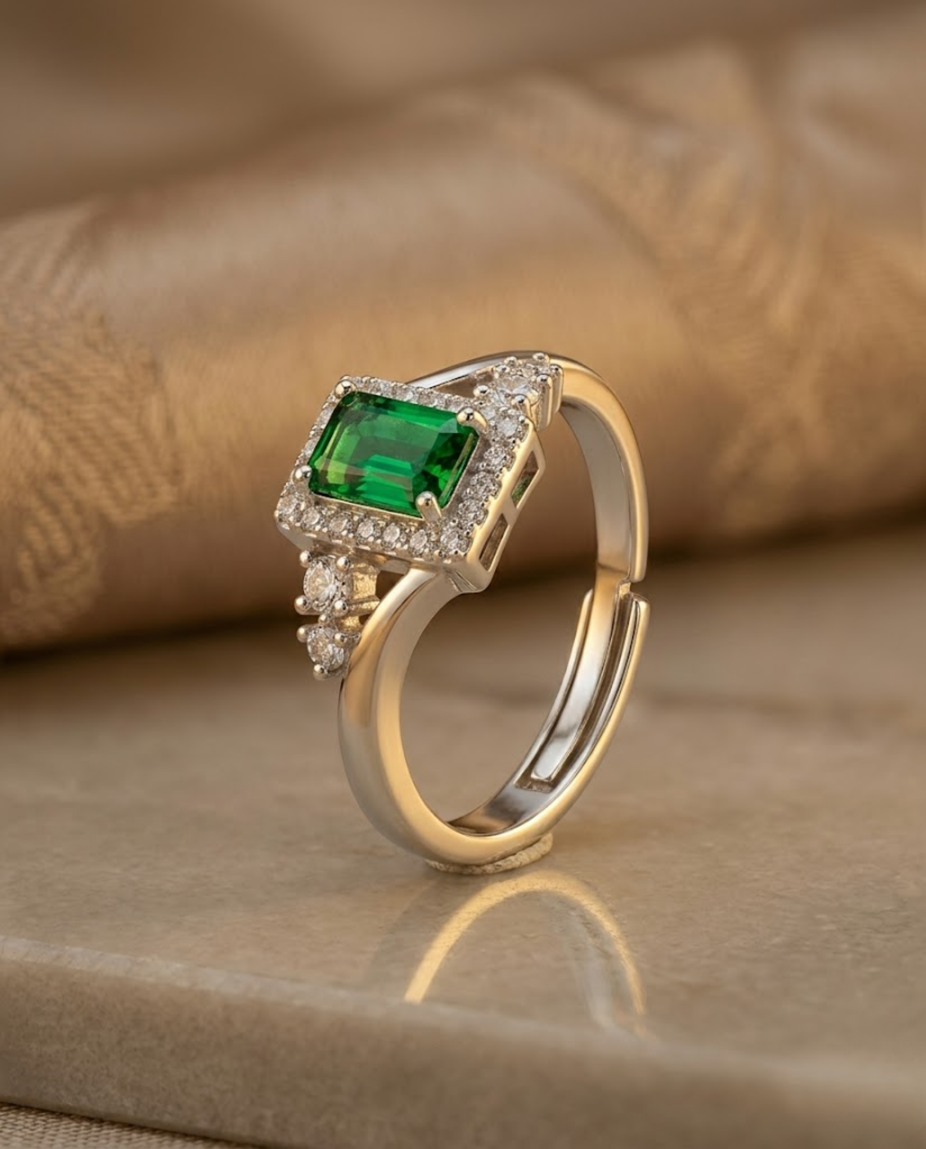 Orneza Emerald Green Zirconia Silver Halo Statement Ring