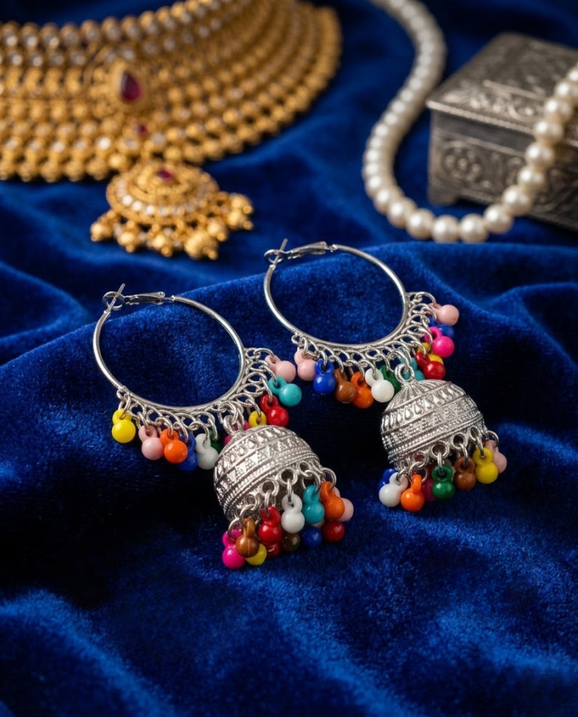 Orneza Silver Oxidized Hoop Jhumka Earrings with Beads