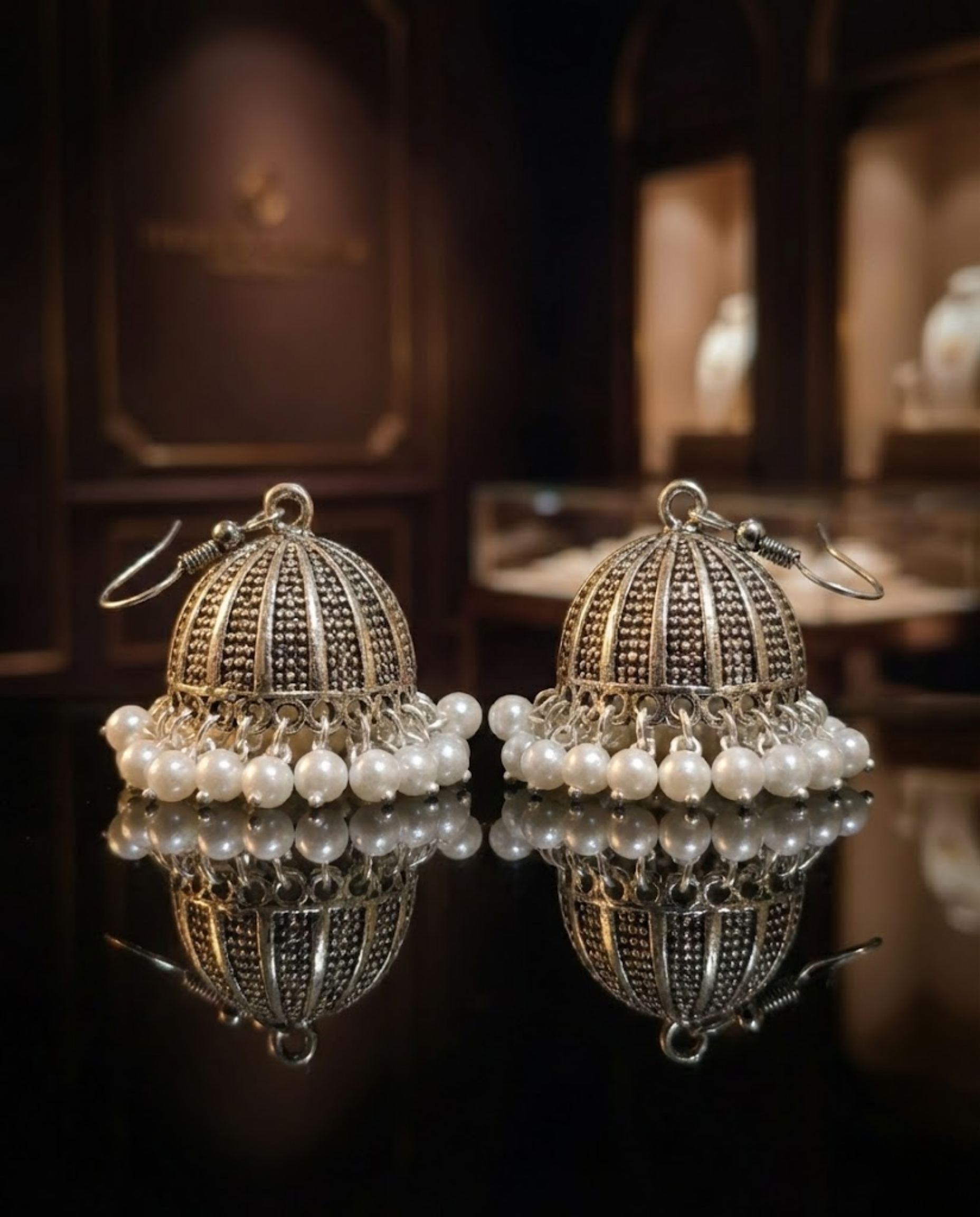 Antique Silver Pearl Jhumka Earrings by Orneza