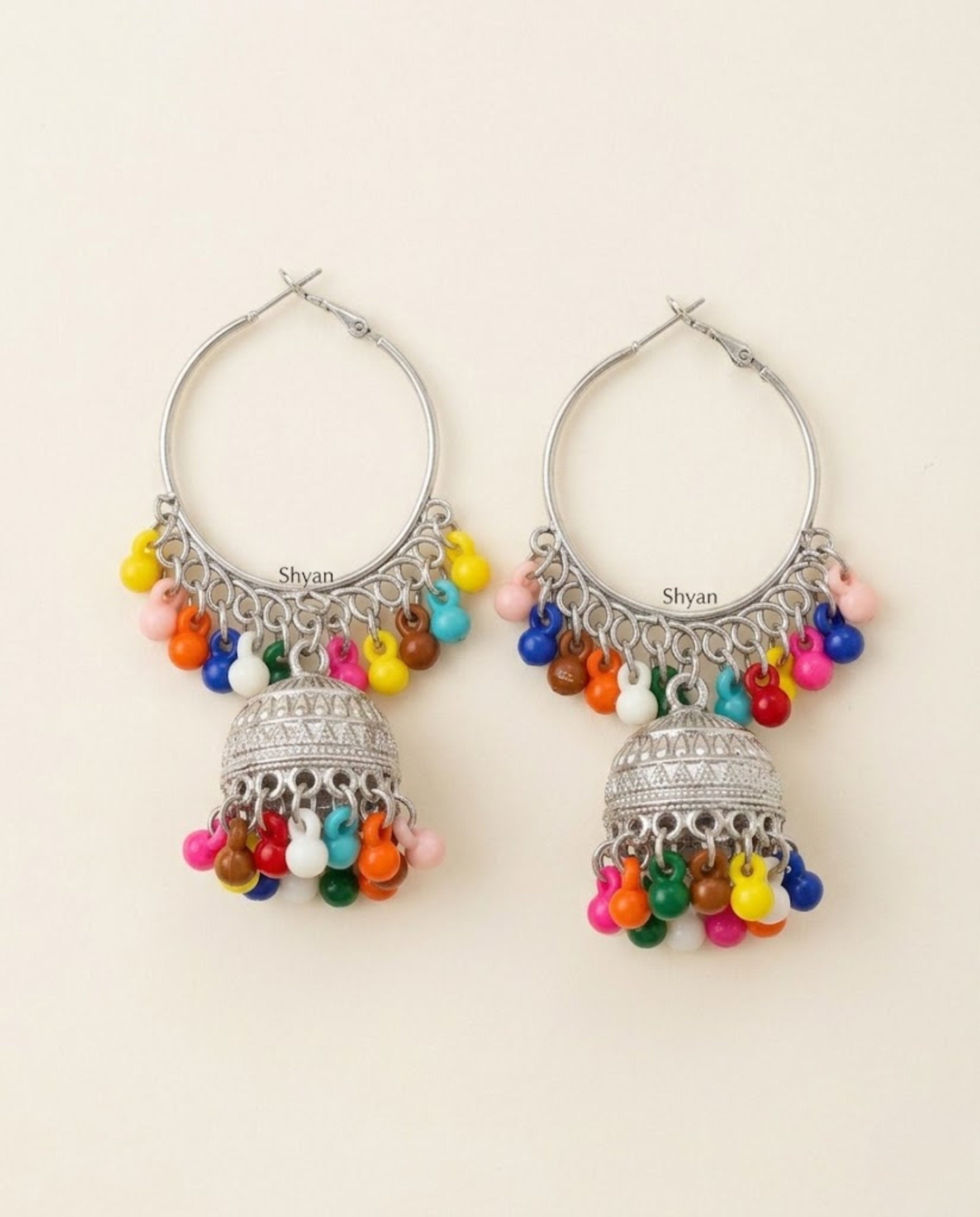 Orneza Silver Oxidized Hoop Jhumka Earrings with Beads