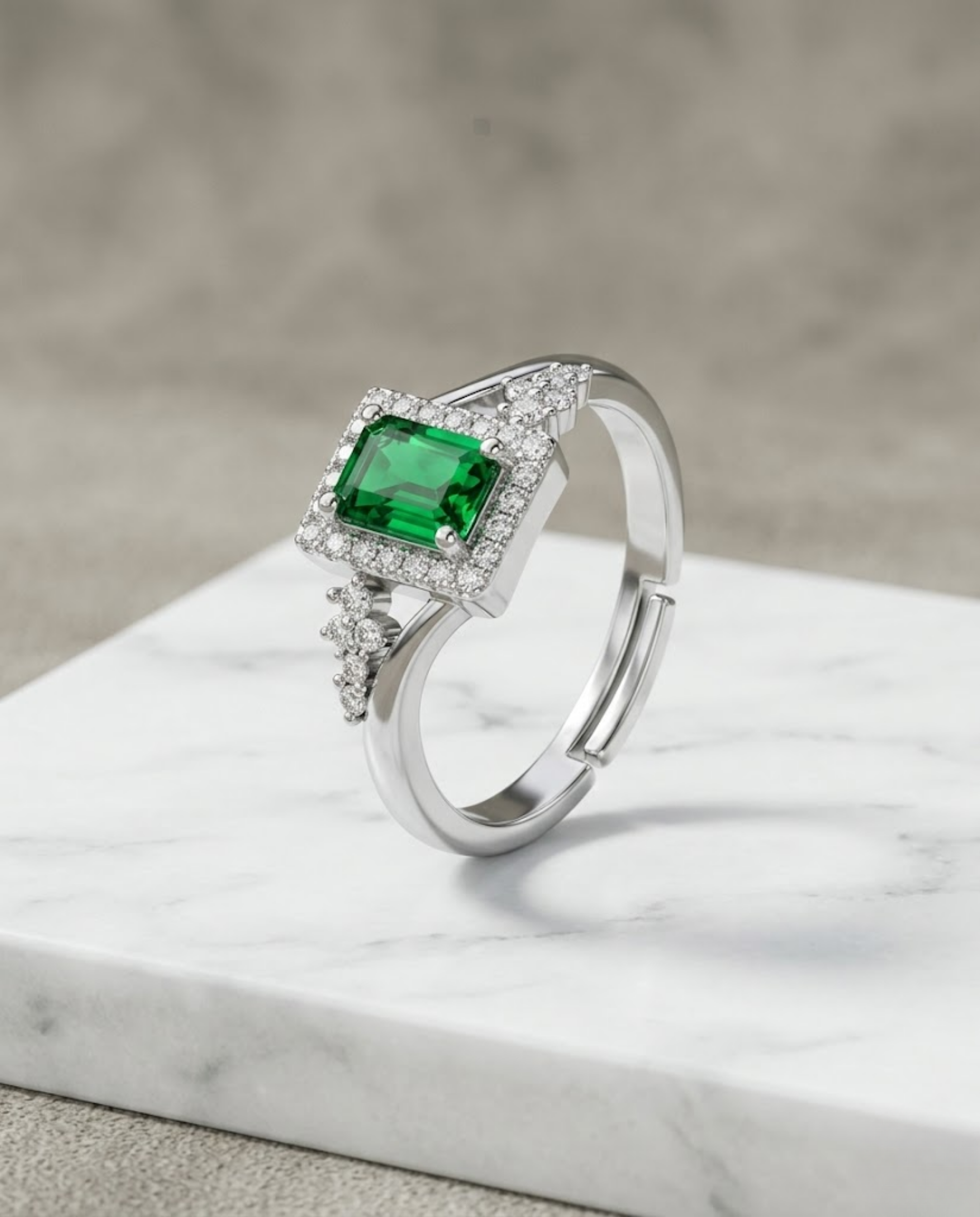 Orneza Emerald Green Zirconia Silver Halo Statement Ring