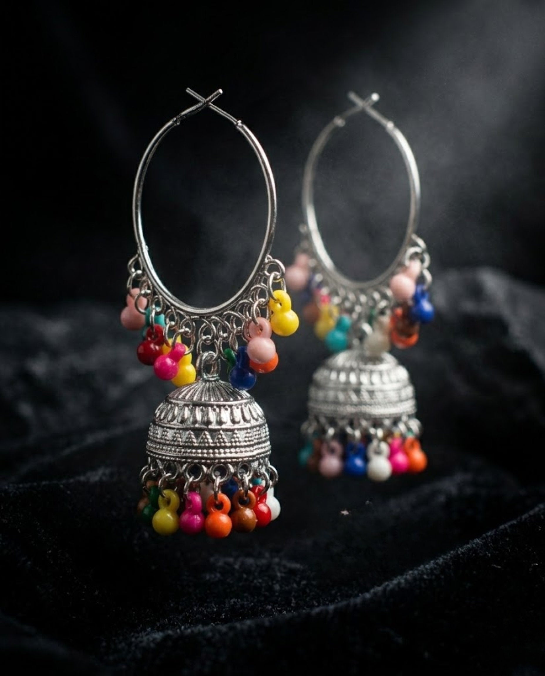 Orneza Silver Oxidized Hoop Jhumka Earrings with Beads