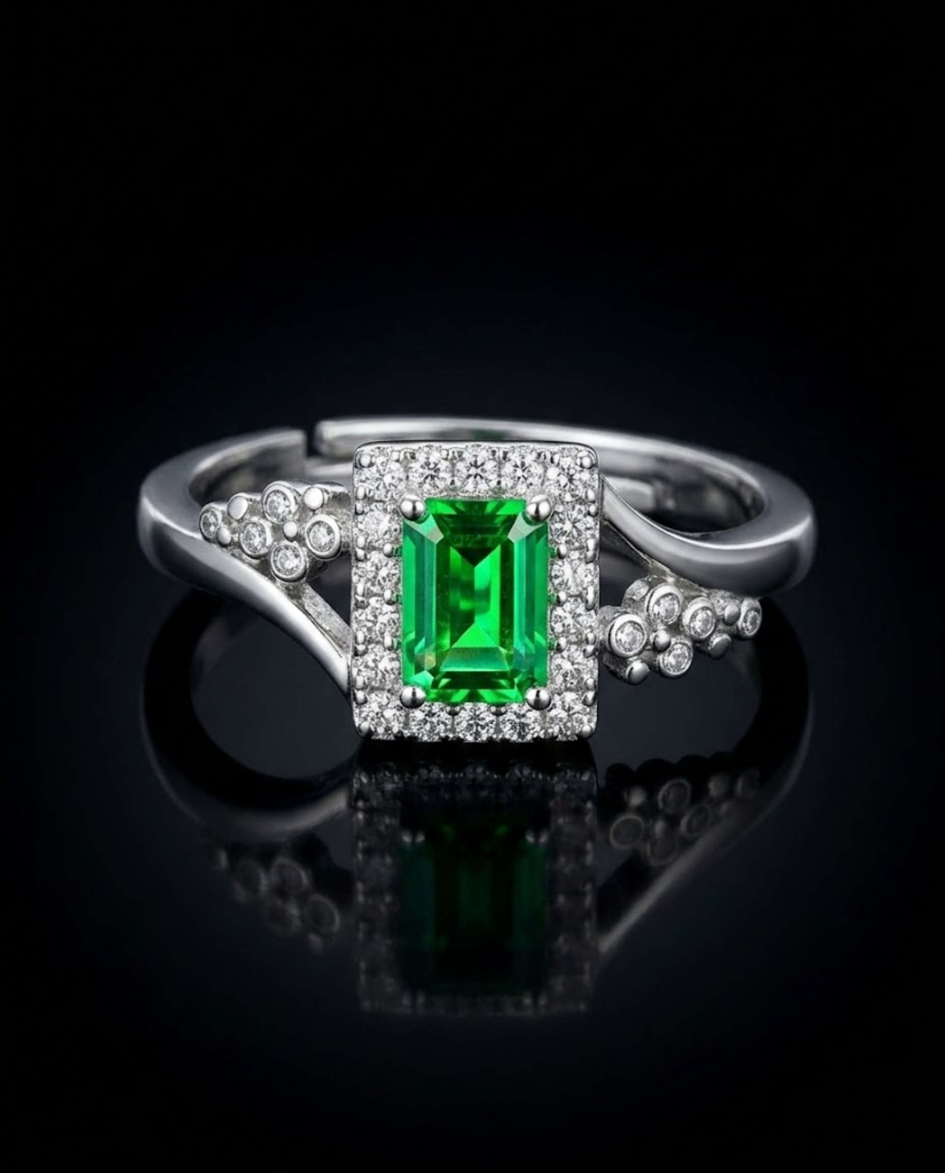 Orneza Emerald Green Zirconia Silver Halo Statement Ring