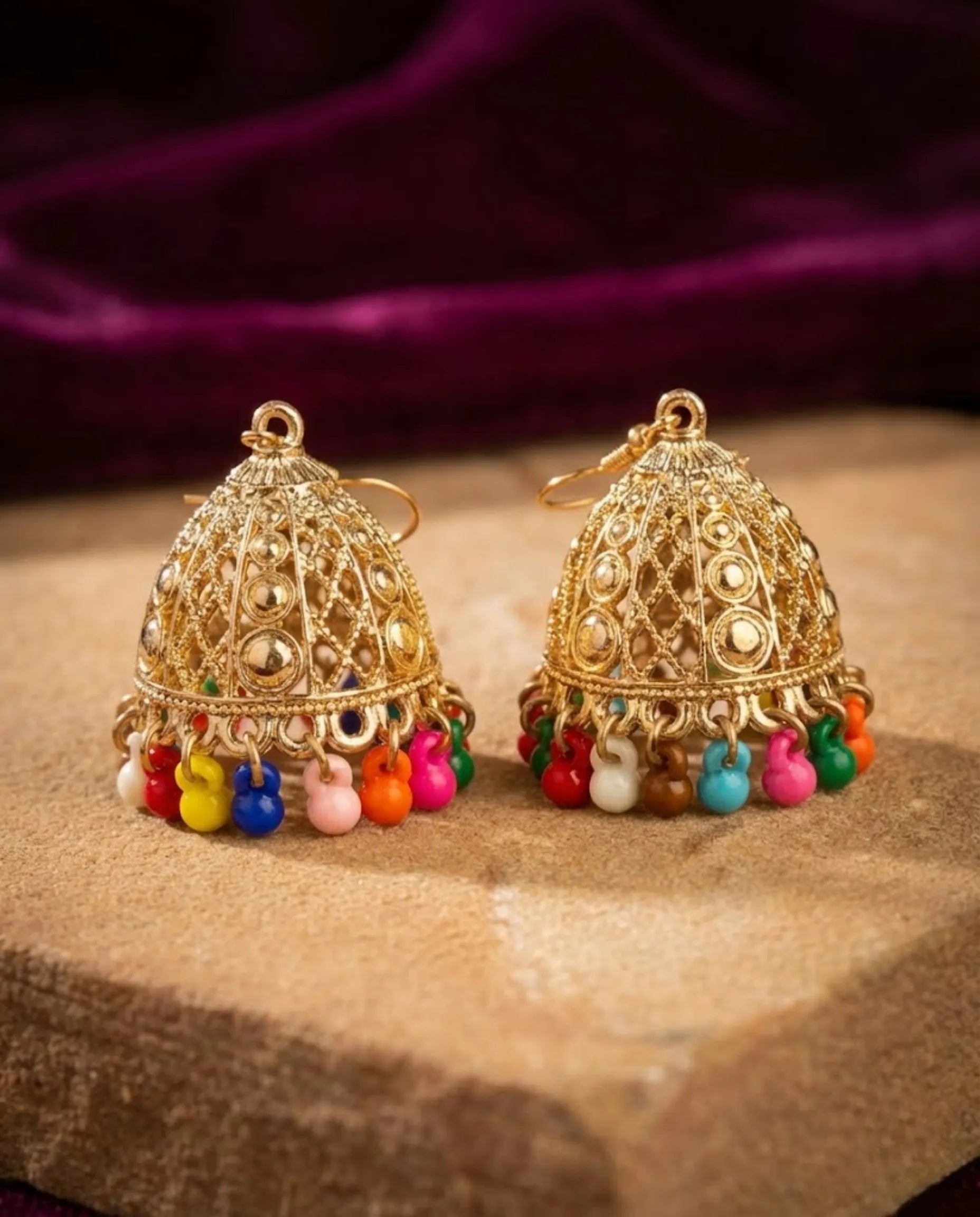 Orneza Multi-Color Beaded Gold Jhumka Earrings