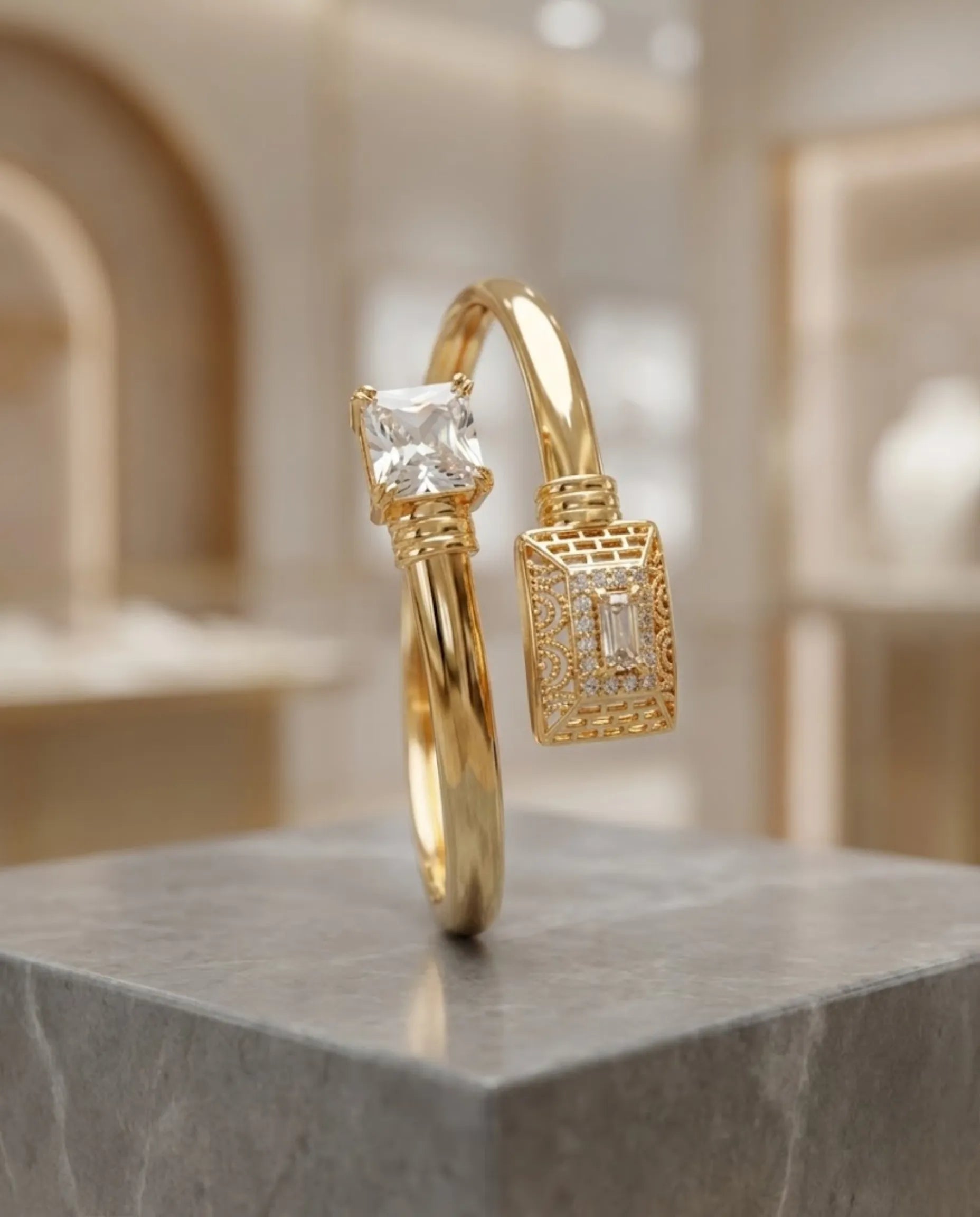 Orneza Empress Gold Bypass Bangle with Intricate Filigree