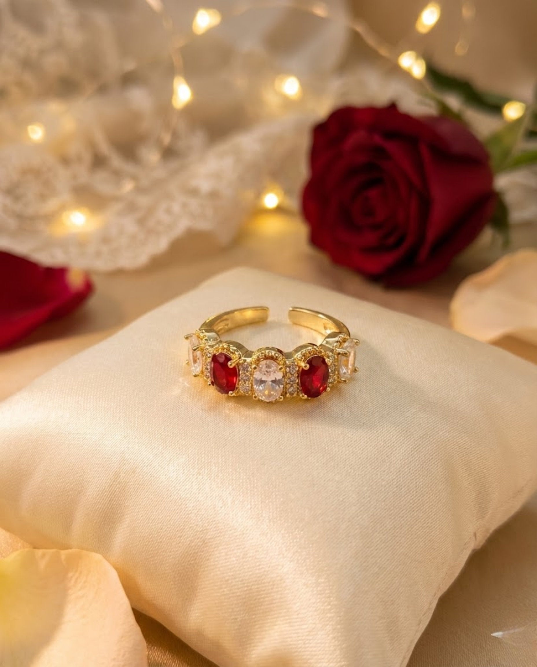 Orneza Ruby and Zirconia Gold Plated Adjustable Band Ring