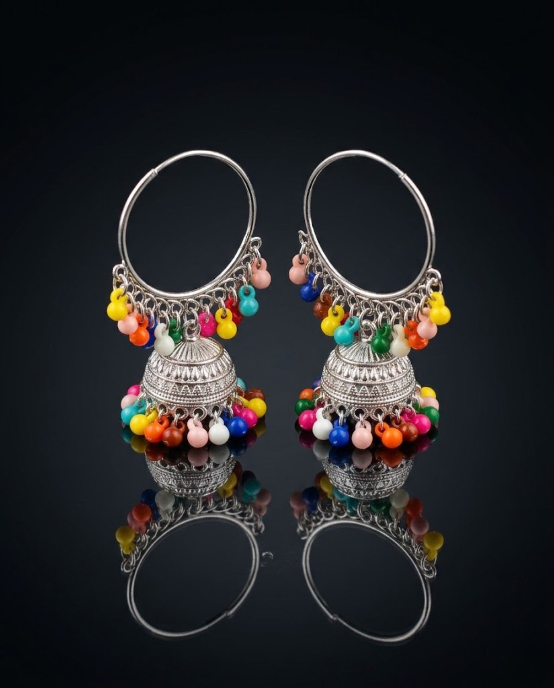 Orneza Silver Oxidized Hoop Jhumka Earrings with Beads