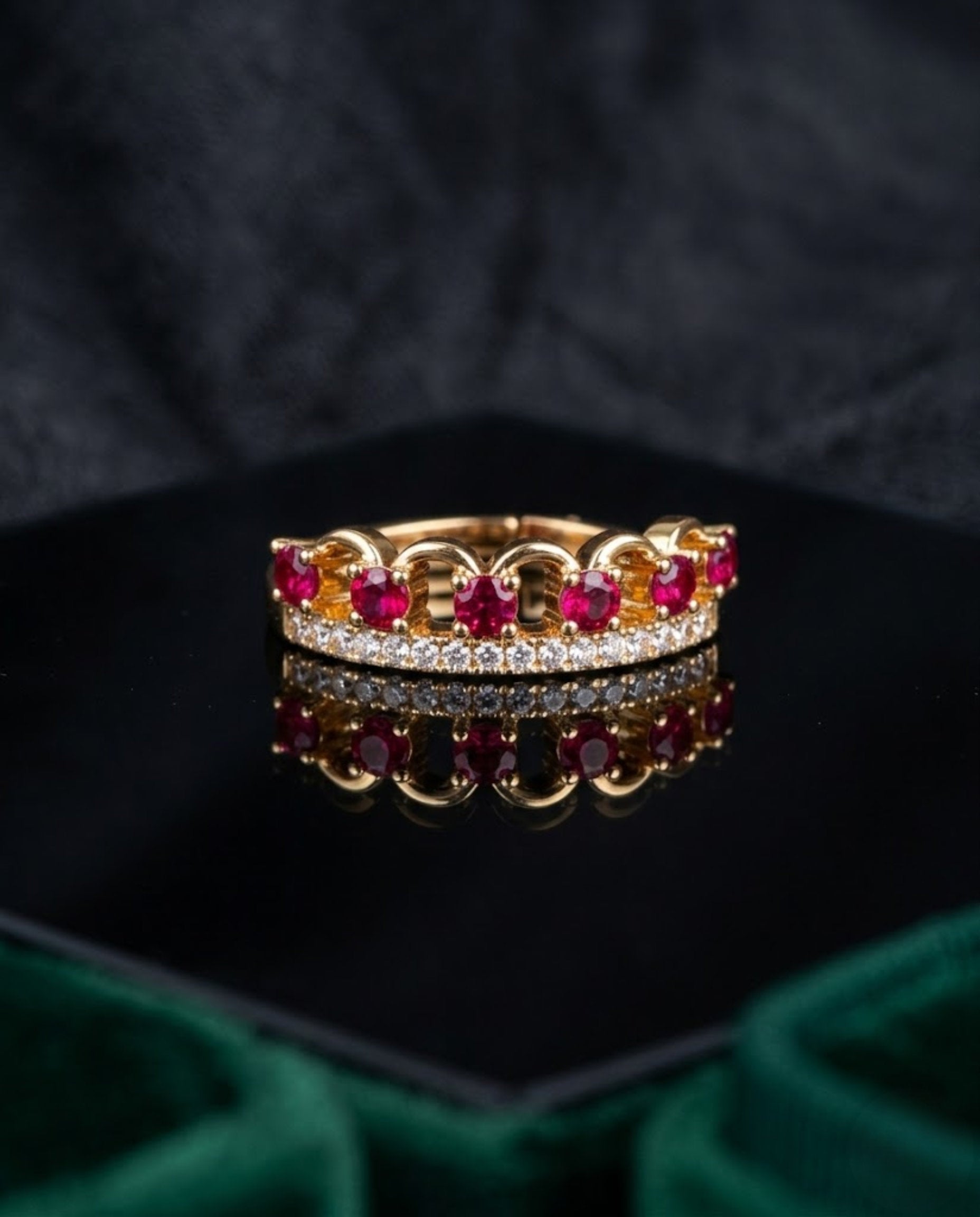 Orneza Gold Crown Adjustable Ring with Ruby Red Crystals
