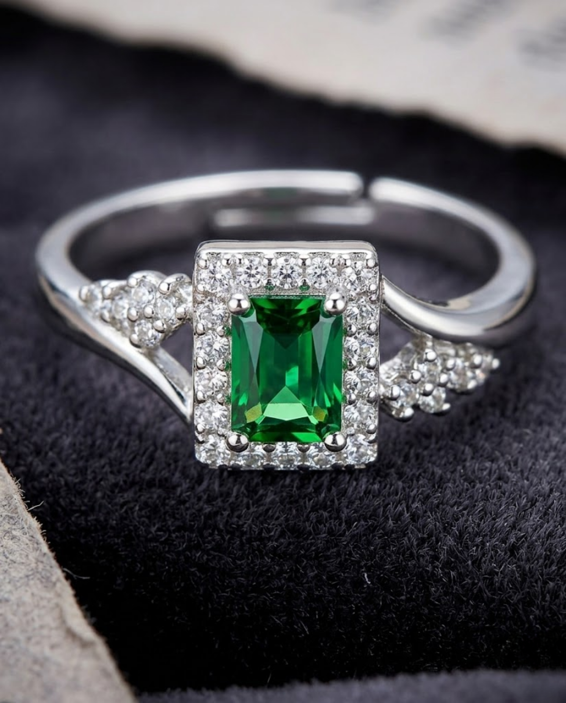Orneza Emerald Green Zirconia Silver Halo Statement Ring