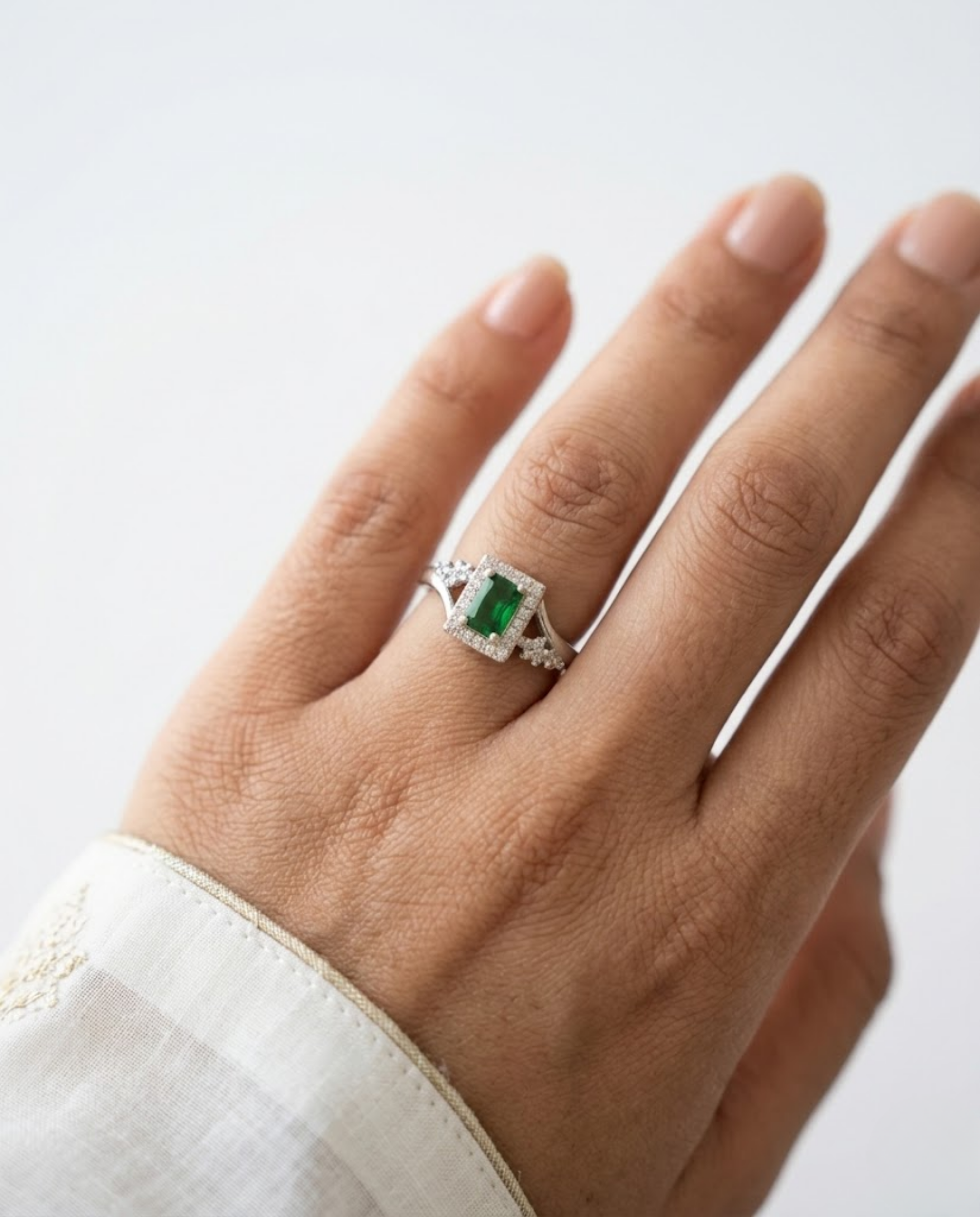 Orneza Emerald Green Zirconia Silver Halo Statement Ring