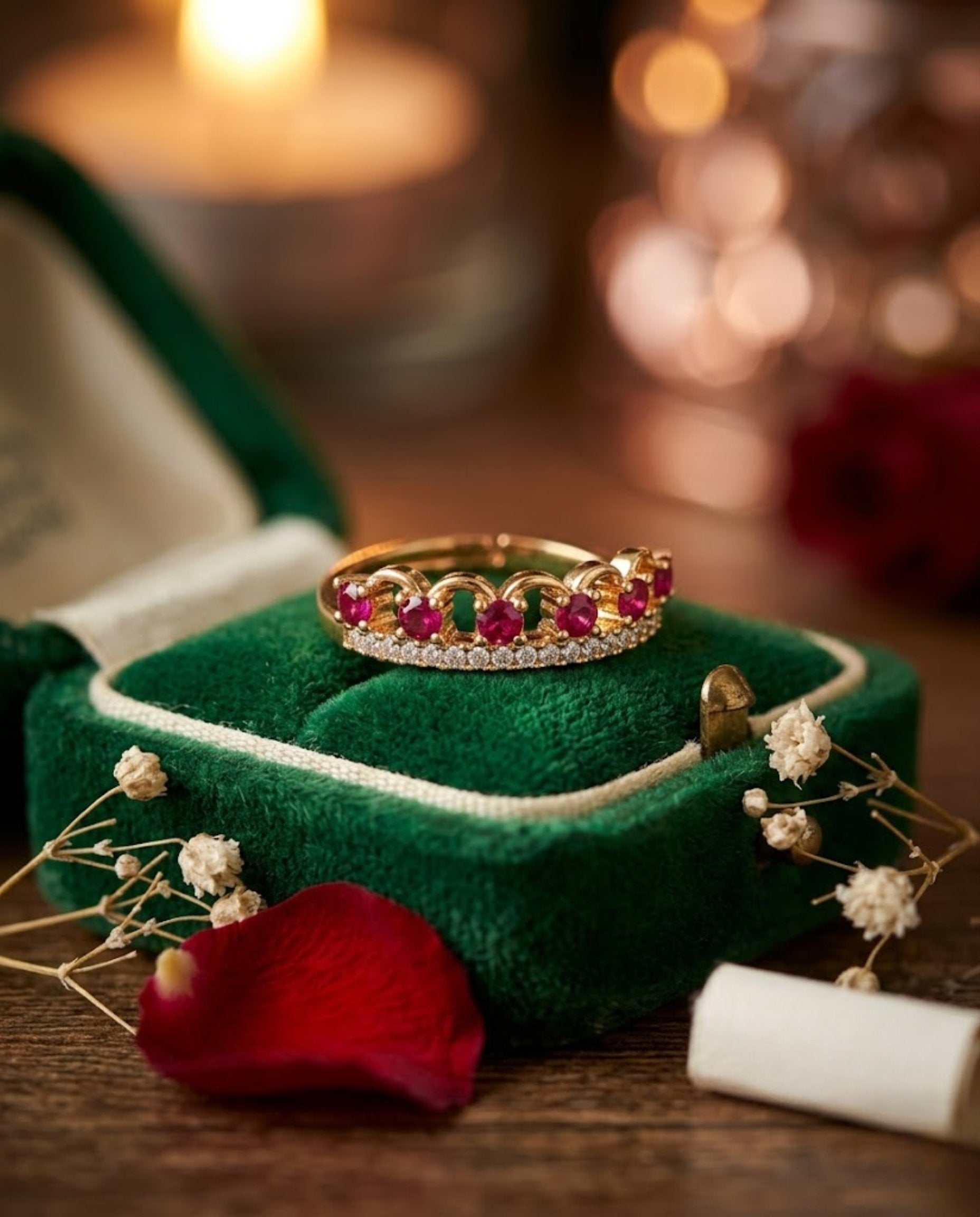 Orneza Gold Crown Adjustable Ring with Ruby Red Crystals