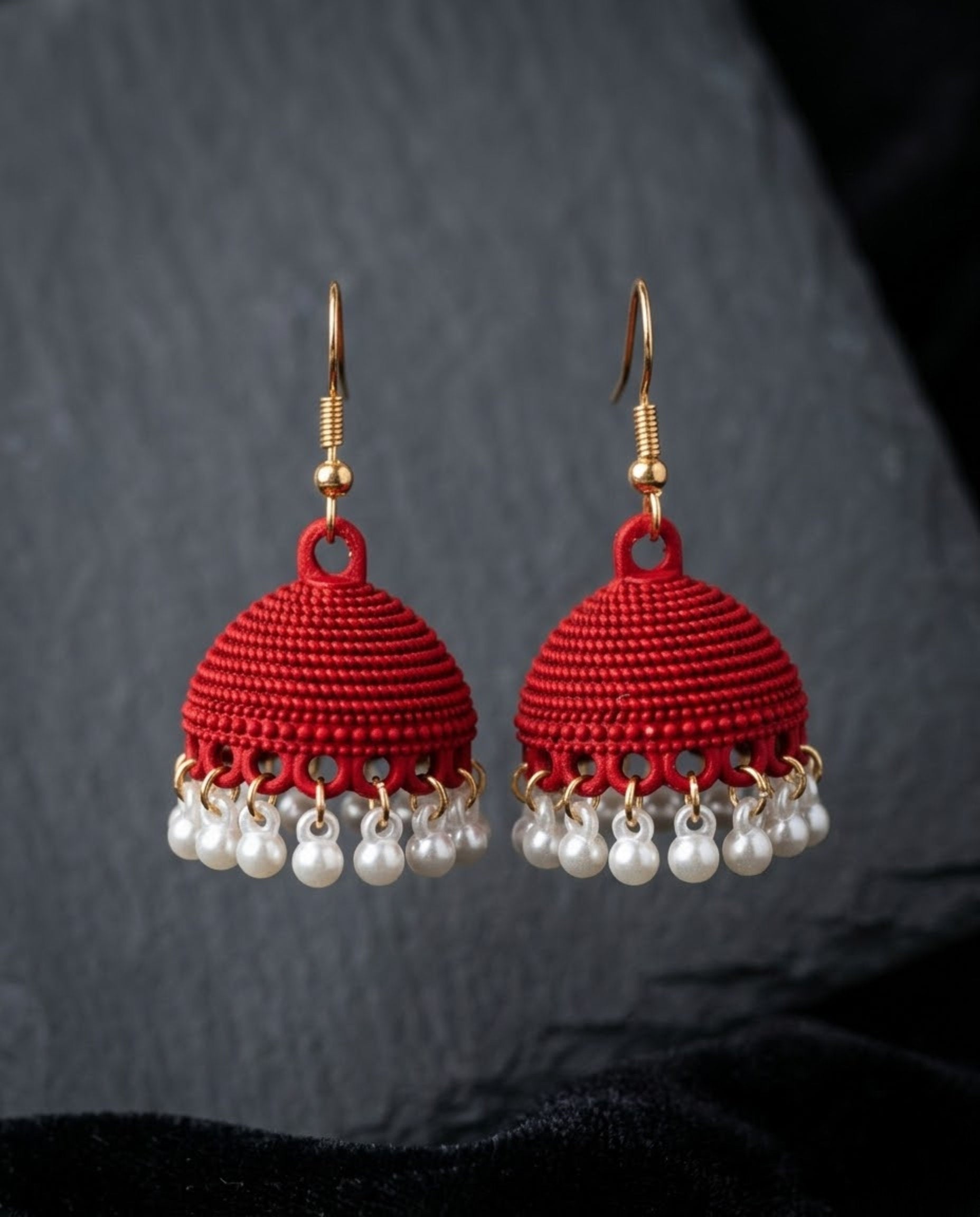 Orneza Crimson Silk Thread Jhumkas with Pearl Droplets
