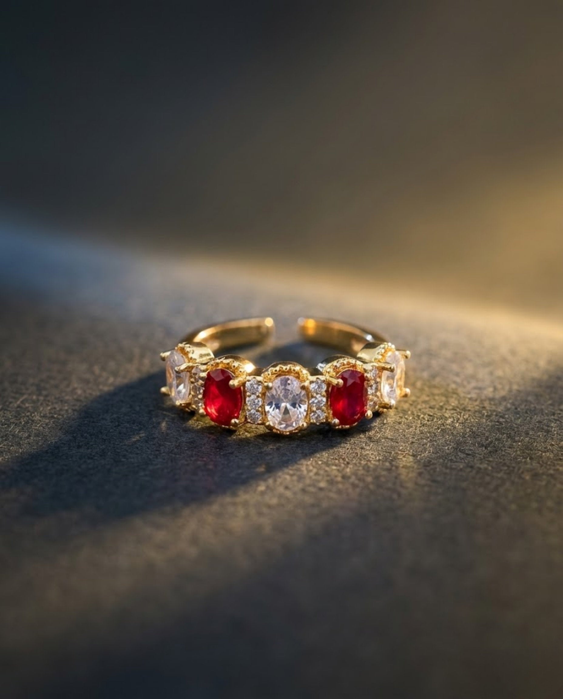 Orneza Ruby and Zirconia Gold Plated Adjustable Band Ring