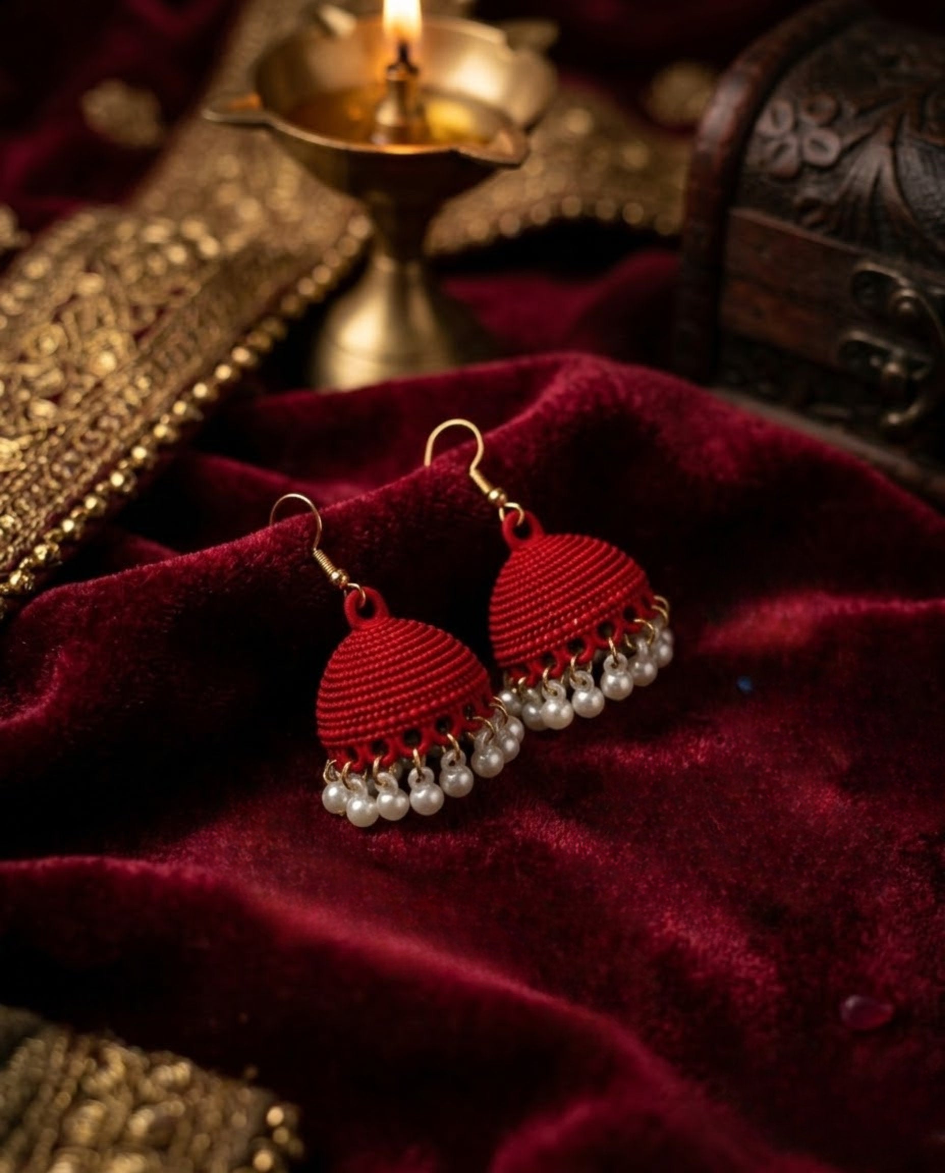 Orneza Crimson Silk Thread Jhumkas with Pearl Droplets