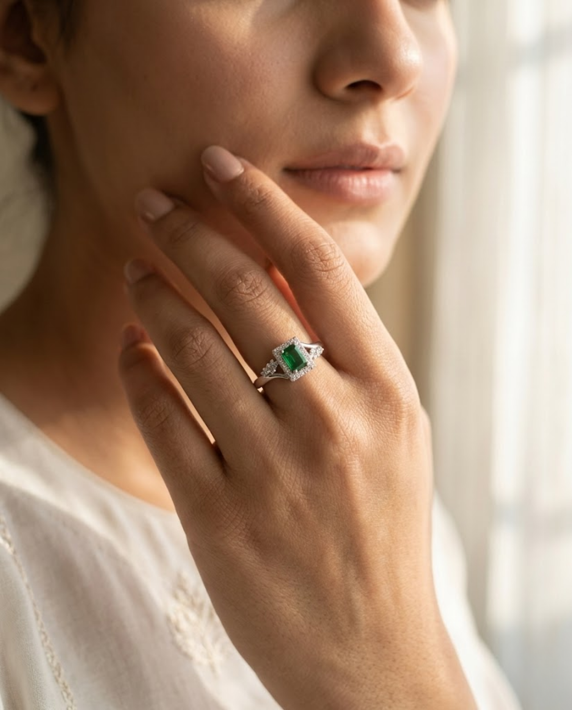 Orneza Emerald Green Zirconia Silver Halo Statement Ring