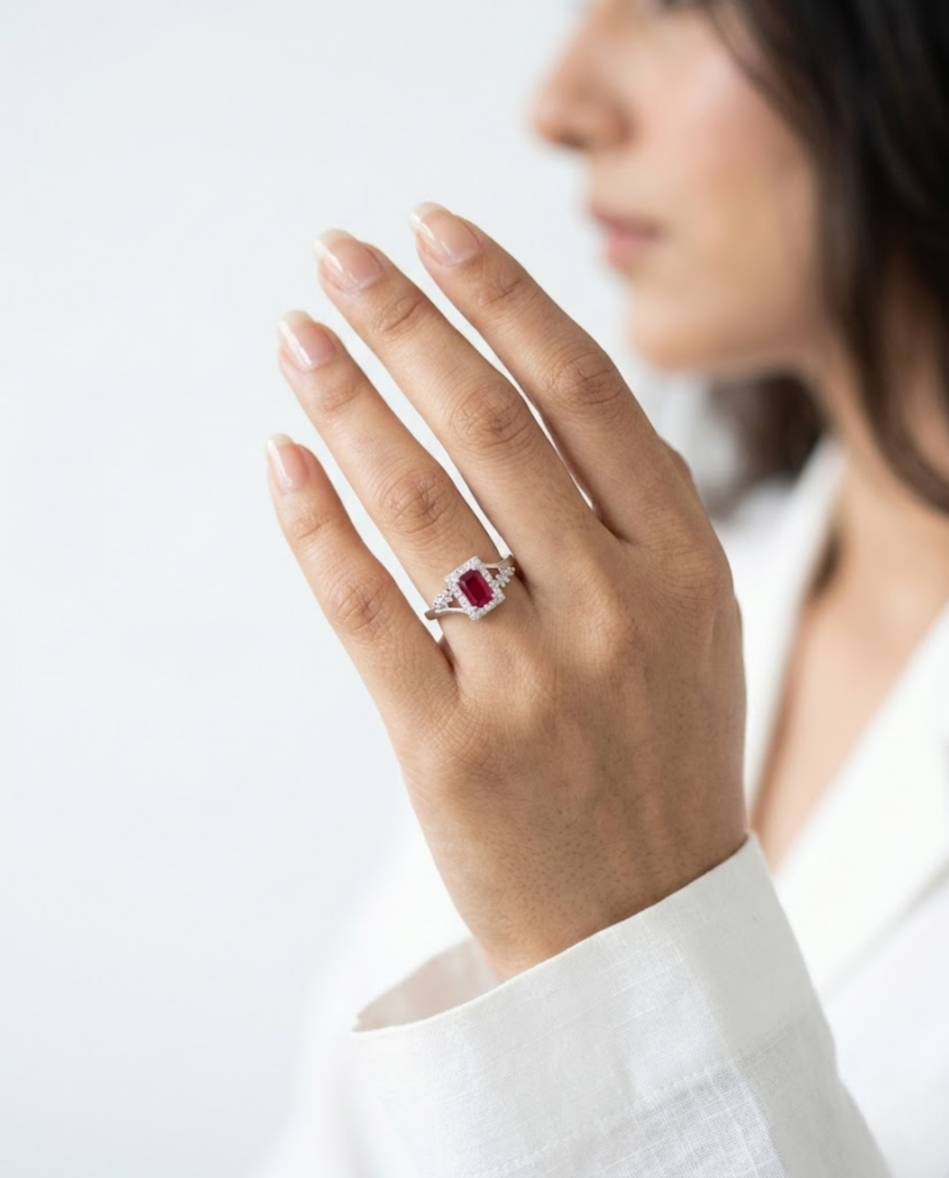 Orneza Ruby Red Zirconia Silver Halo Statement Ring