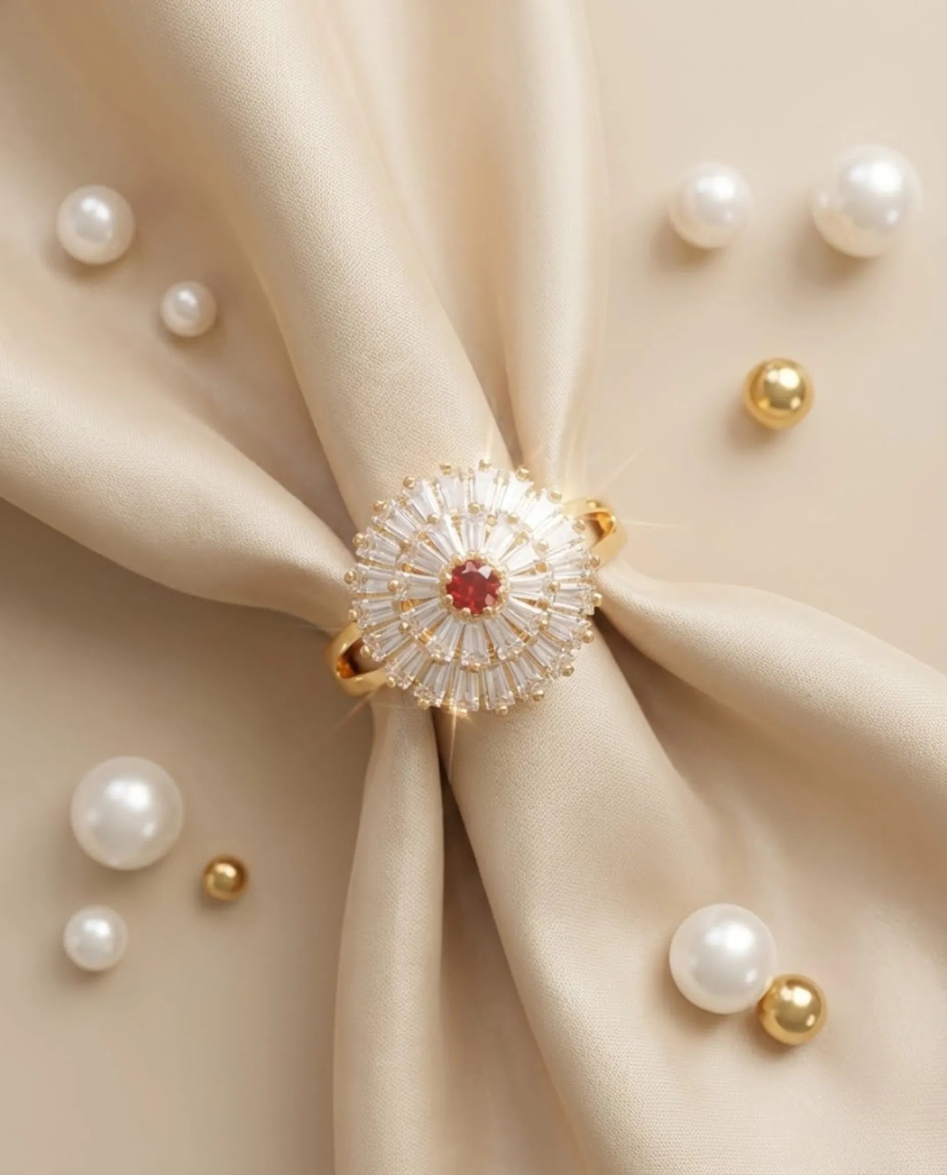 Orneza Empress Crimson Sunburst Baguette Halo Ring