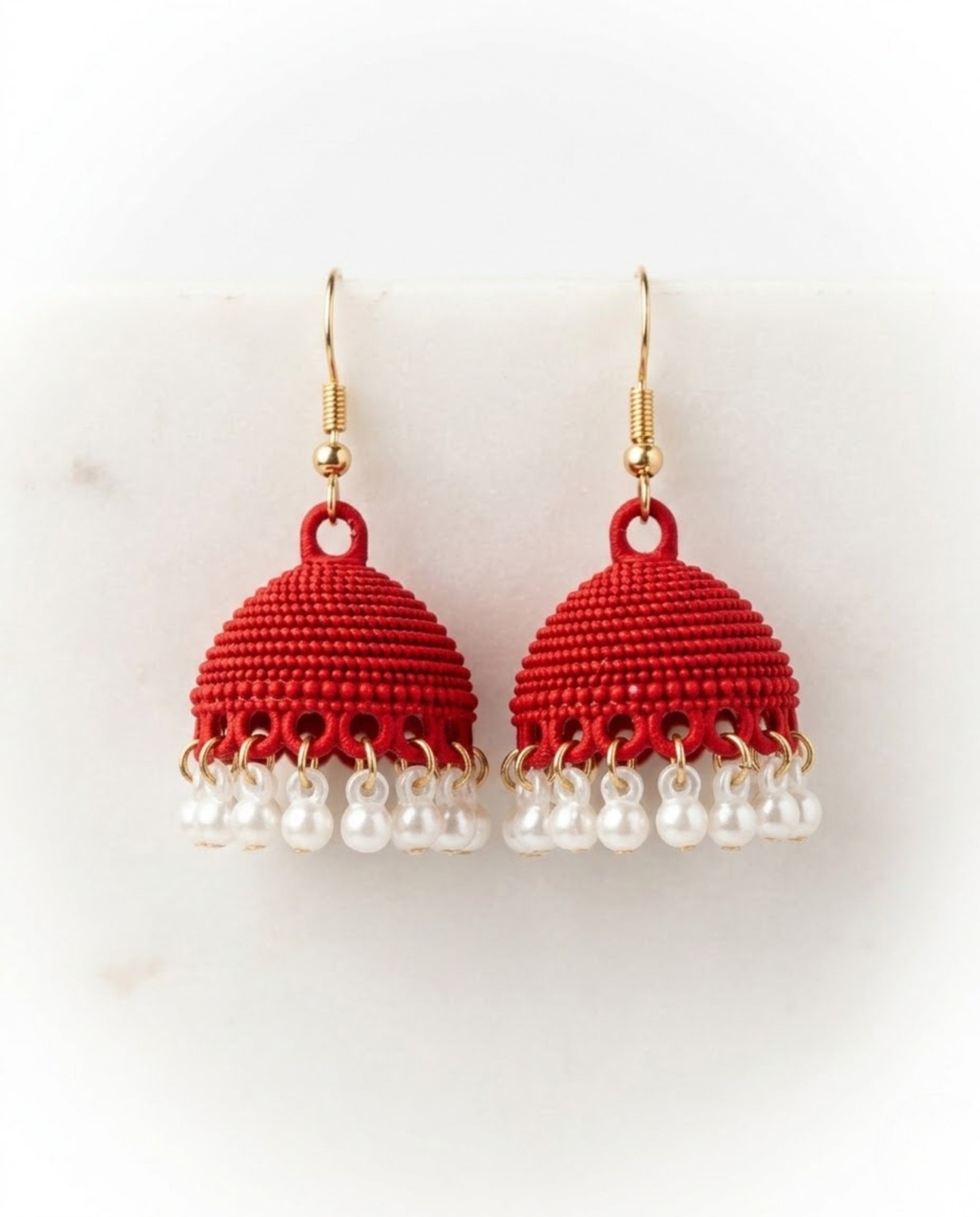 Orneza Crimson Silk Thread Jhumkas with Pearl Droplets