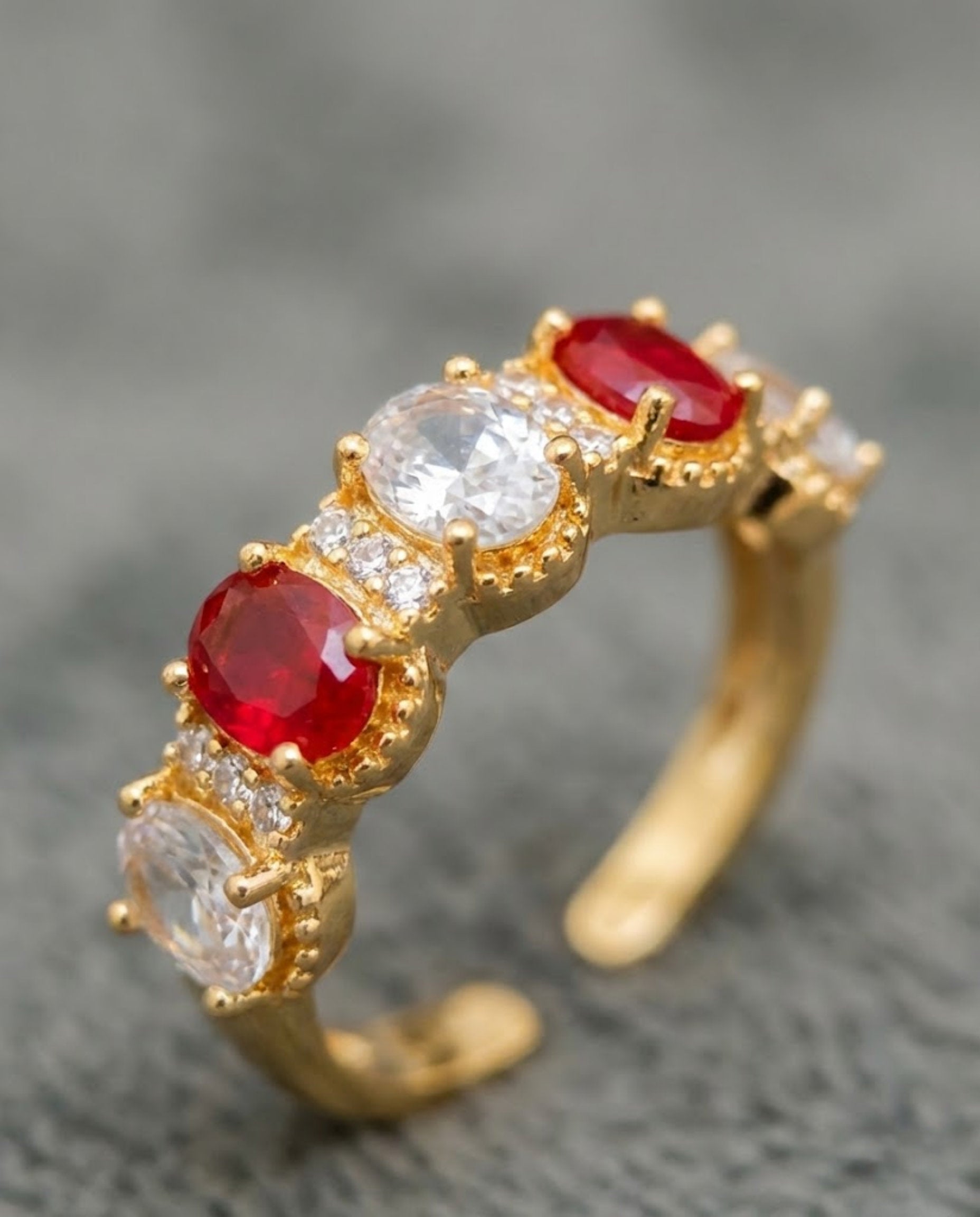 Orneza Ruby and Zirconia Gold Plated Adjustable Band Ring
