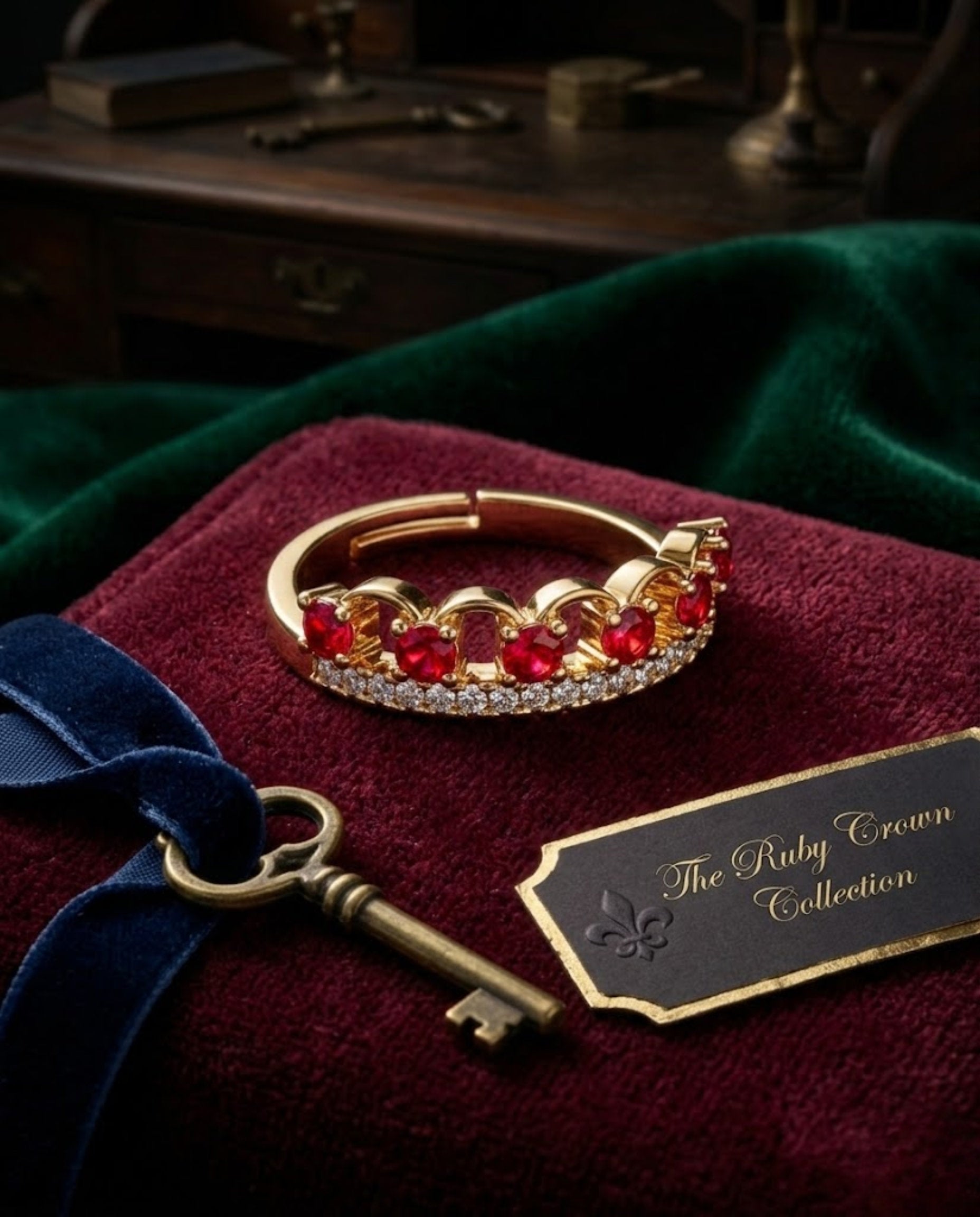 Orneza Gold Crown Adjustable Ring with Ruby Red Crystals