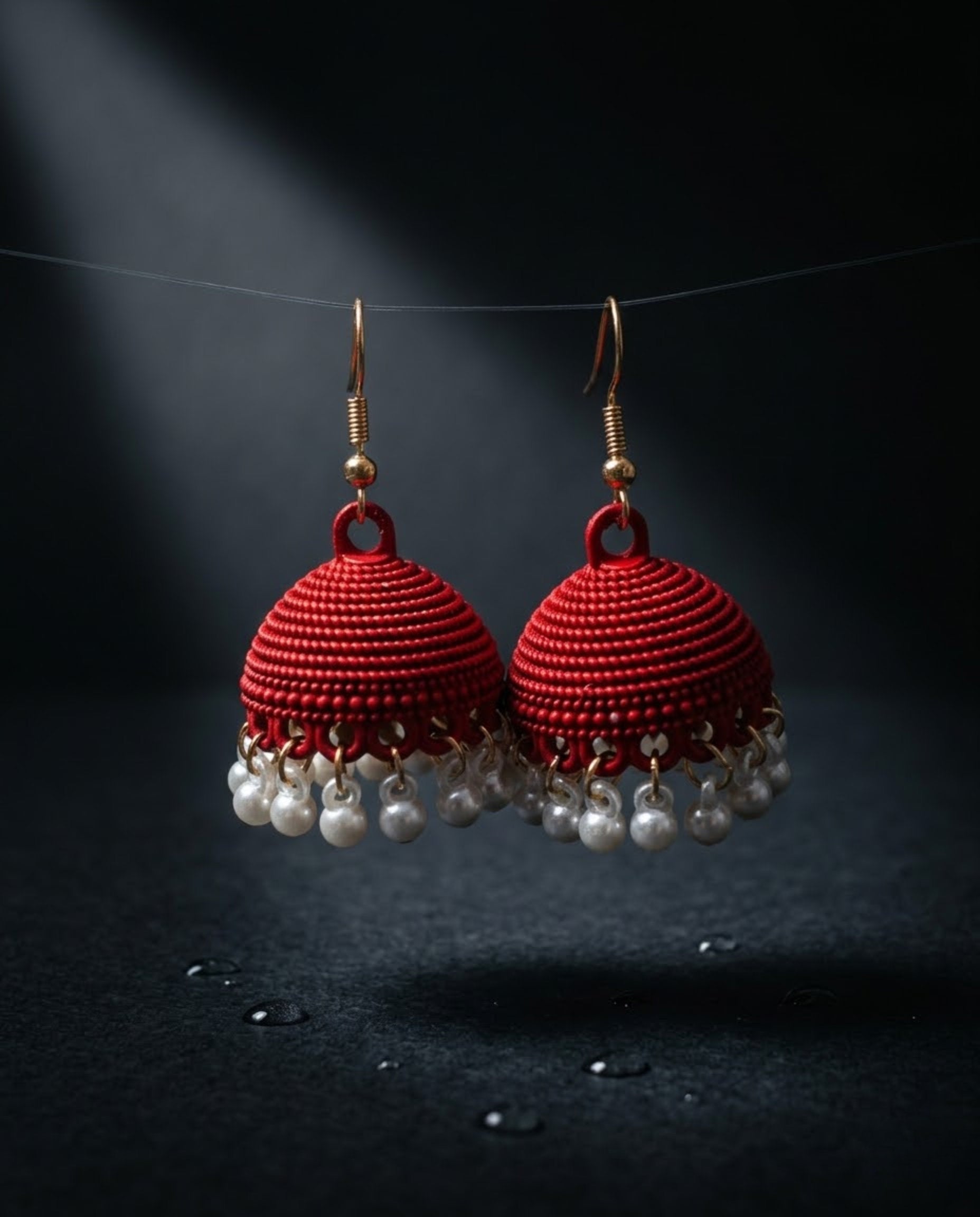 Orneza Crimson Silk Thread Jhumkas with Pearl Droplets