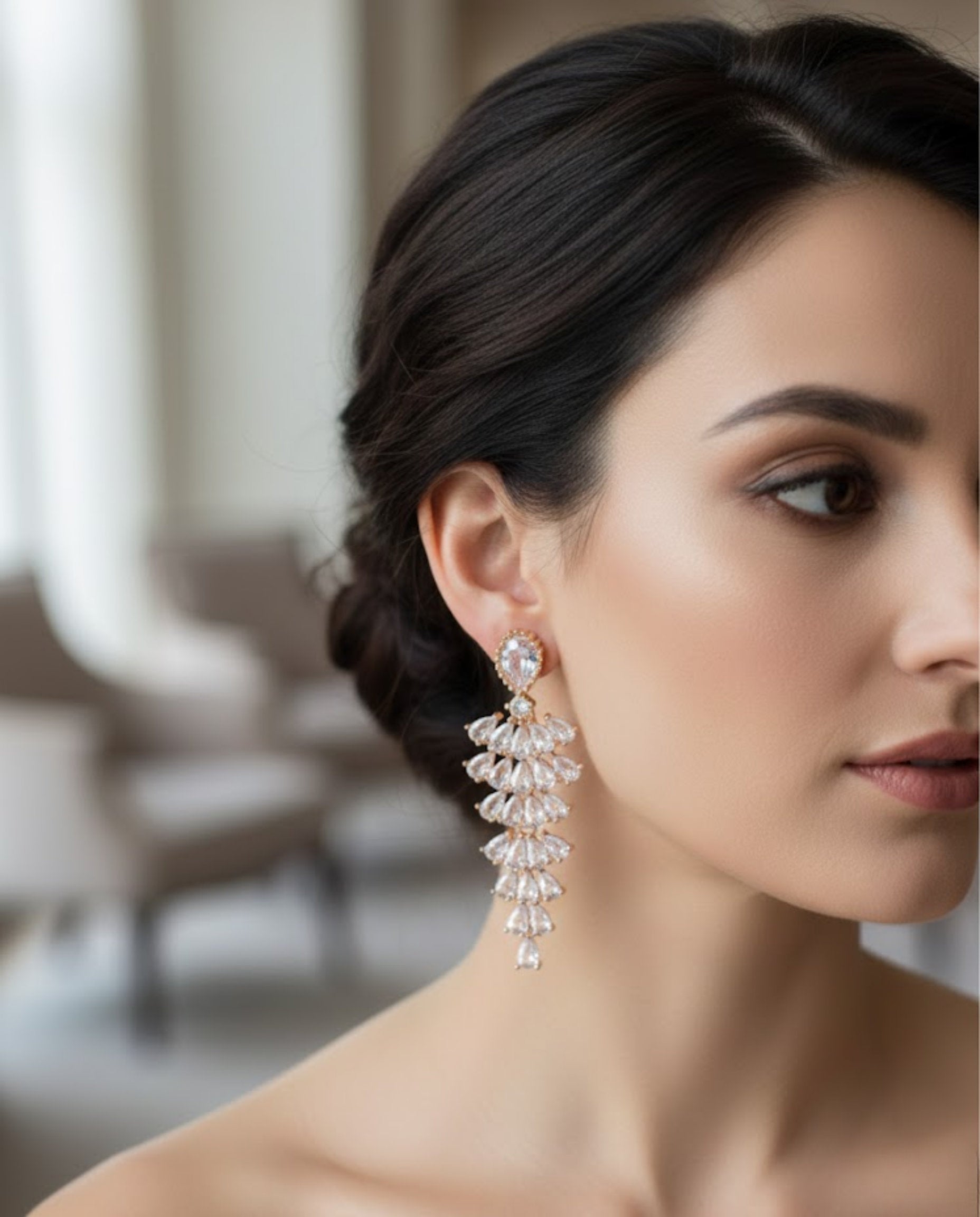 Orneza Rose Gold Majestic Pear Drop Chandelier Earrings