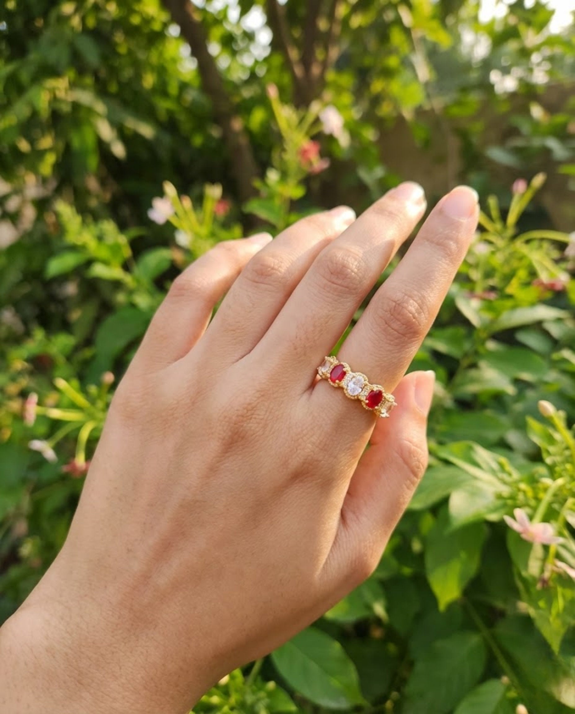 Orneza Ruby and Zirconia Gold Plated Adjustable Band Ring