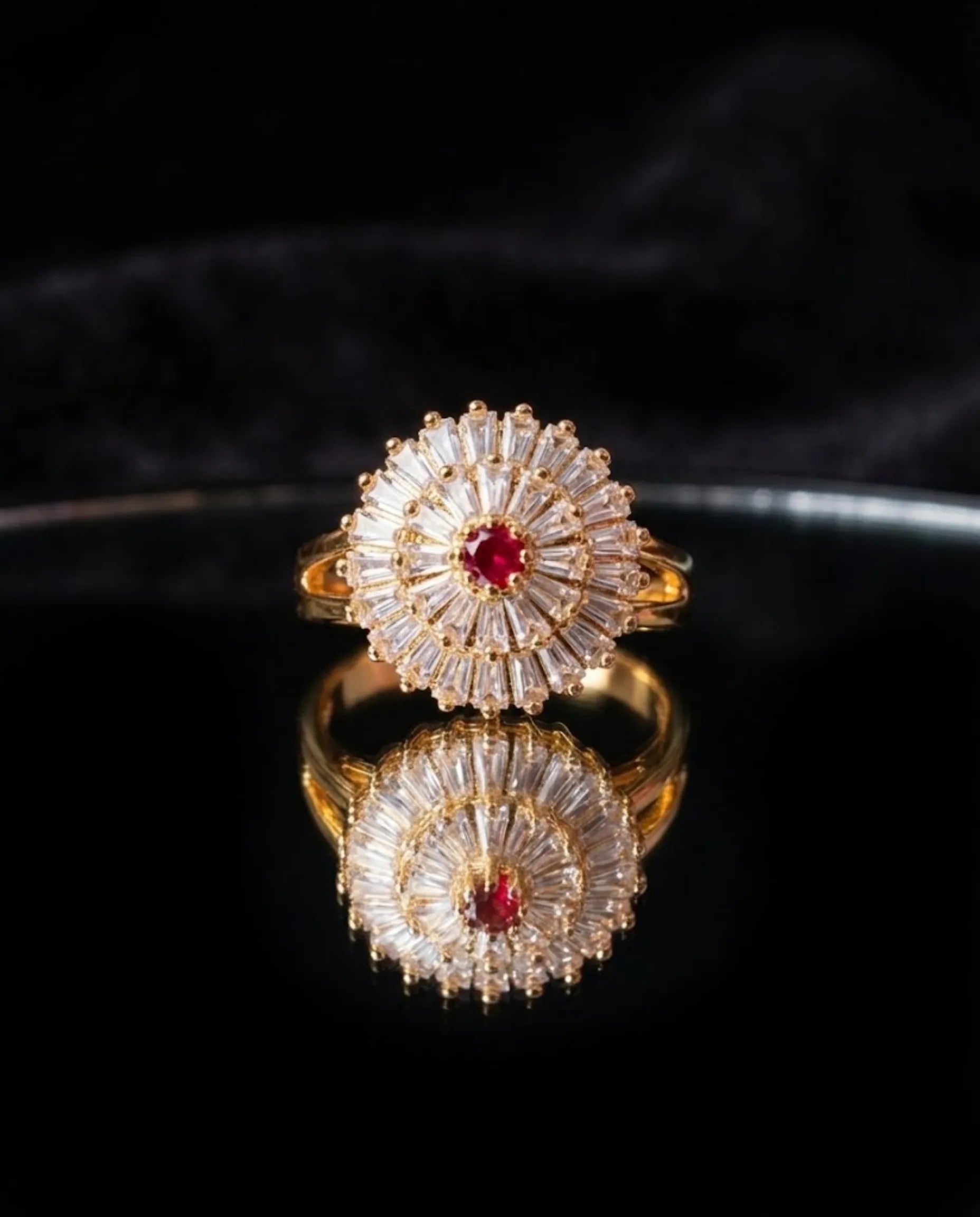 Orneza Empress Crimson Sunburst Baguette Halo Ring