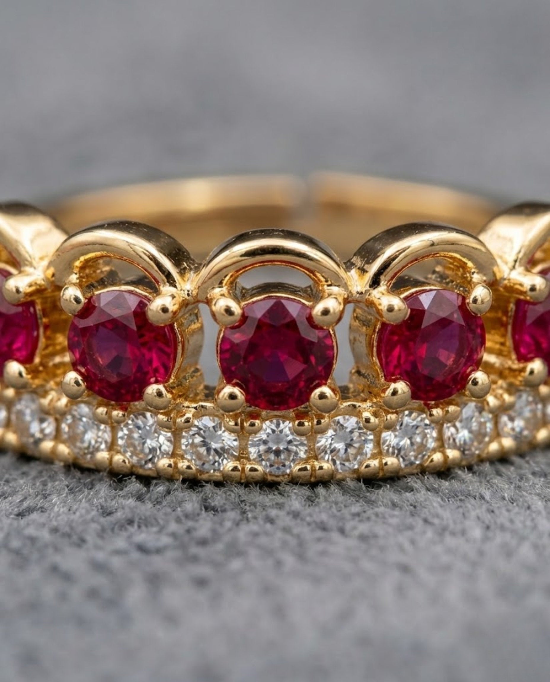 Orneza Gold Crown Adjustable Ring with Ruby Red Crystals