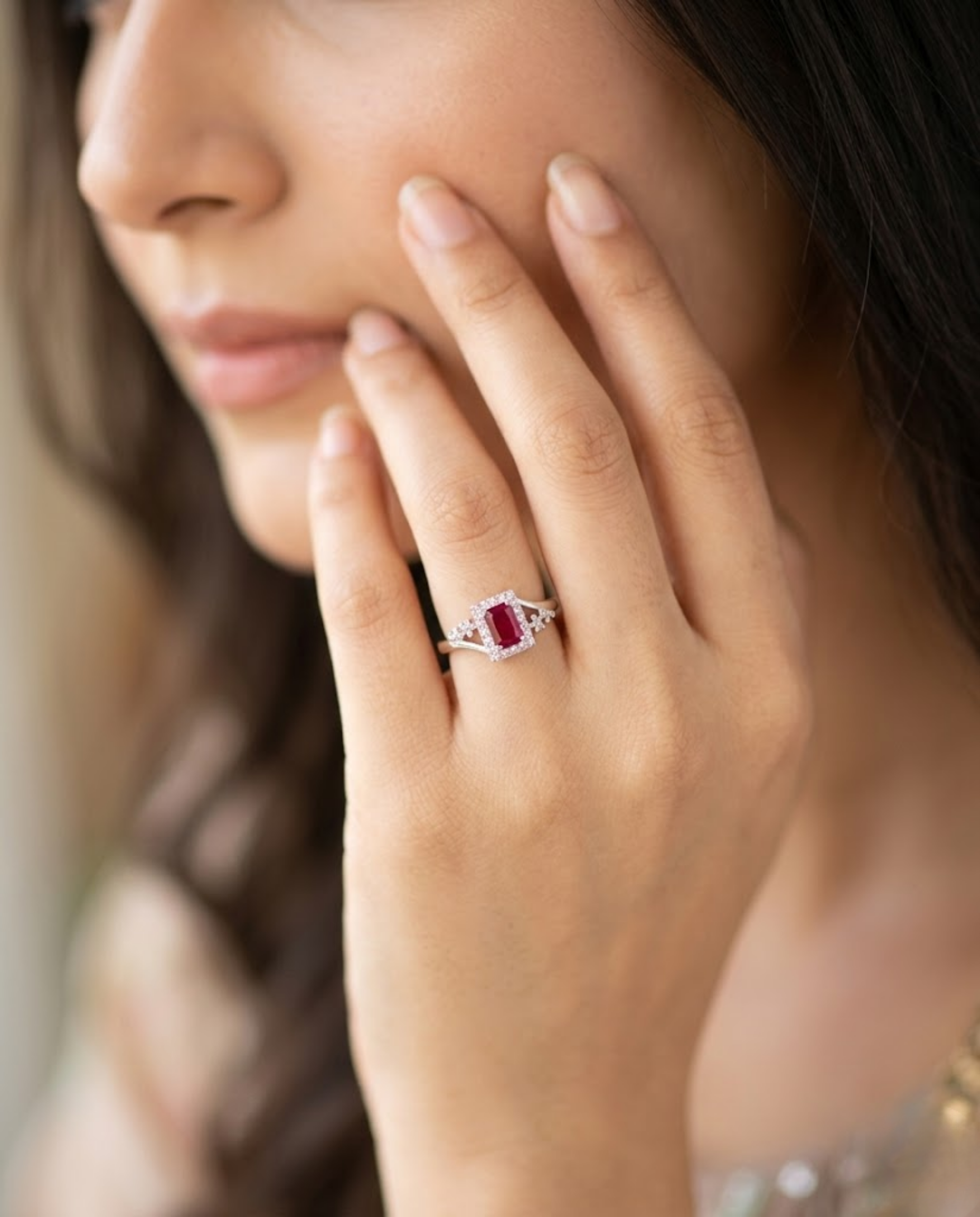 Orneza Ruby Red Zirconia Silver Halo Statement Ring