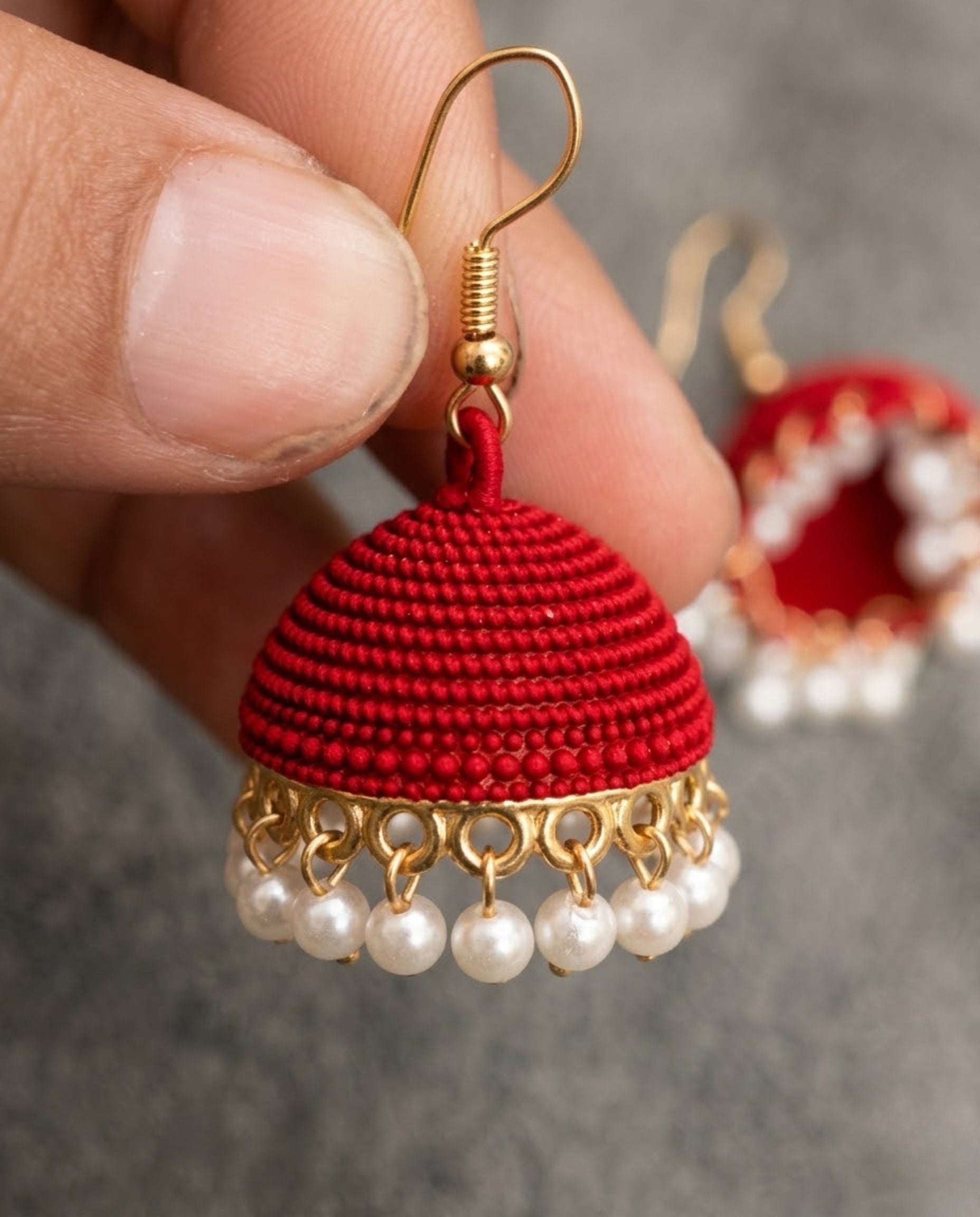 Orneza Crimson Silk Thread Jhumkas with Pearl Droplets