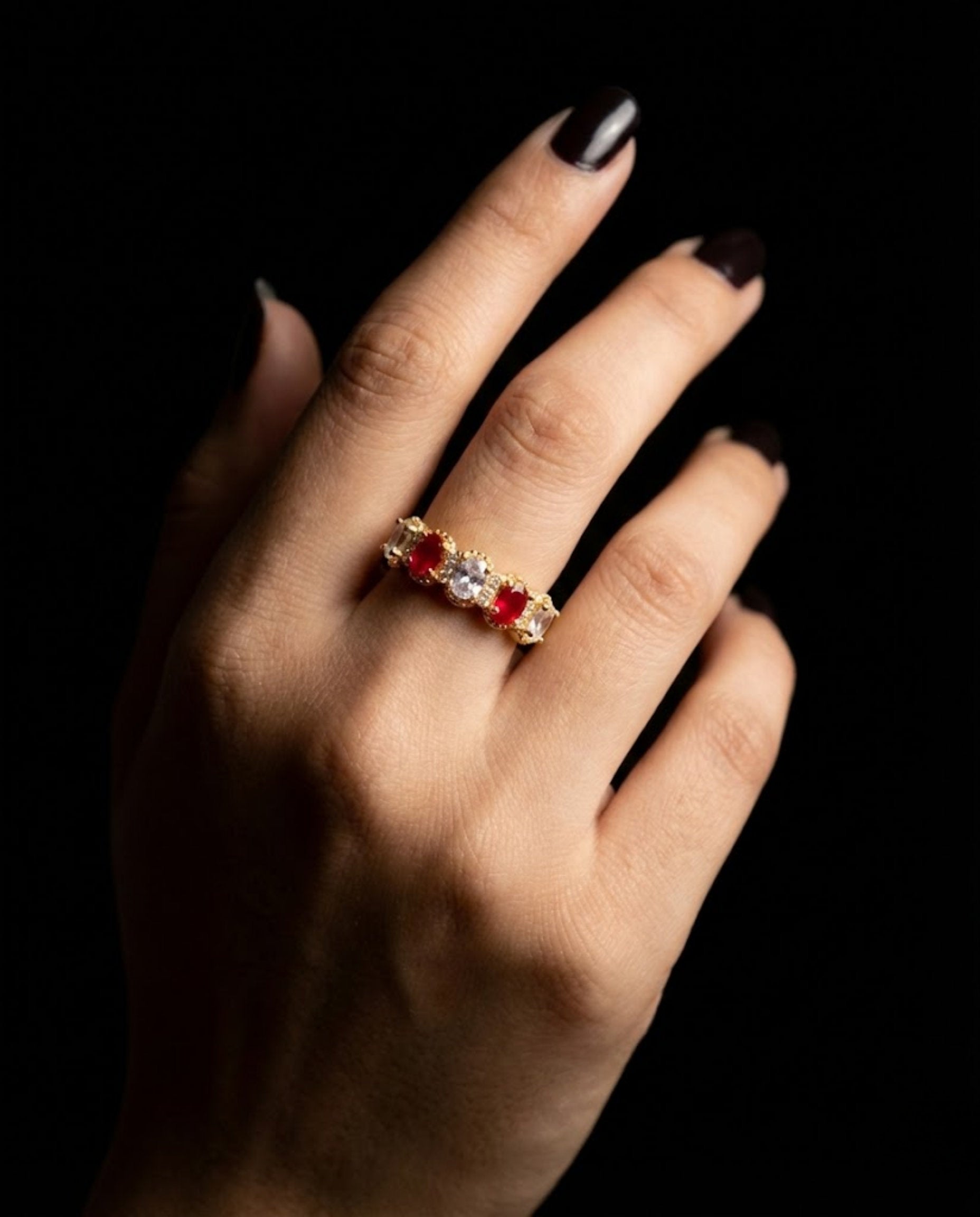 Orneza Ruby and Zirconia Gold Plated Adjustable Band Ring