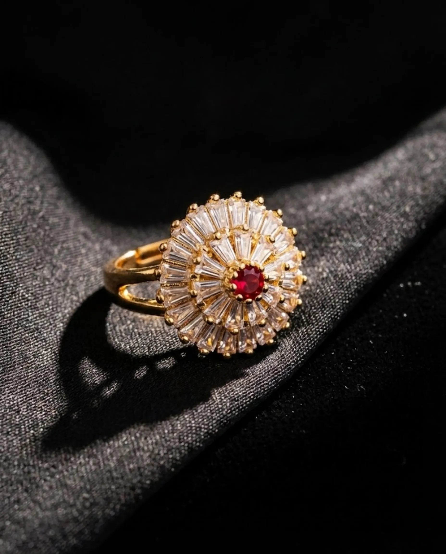 Orneza Empress Crimson Sunburst Baguette Halo Ring