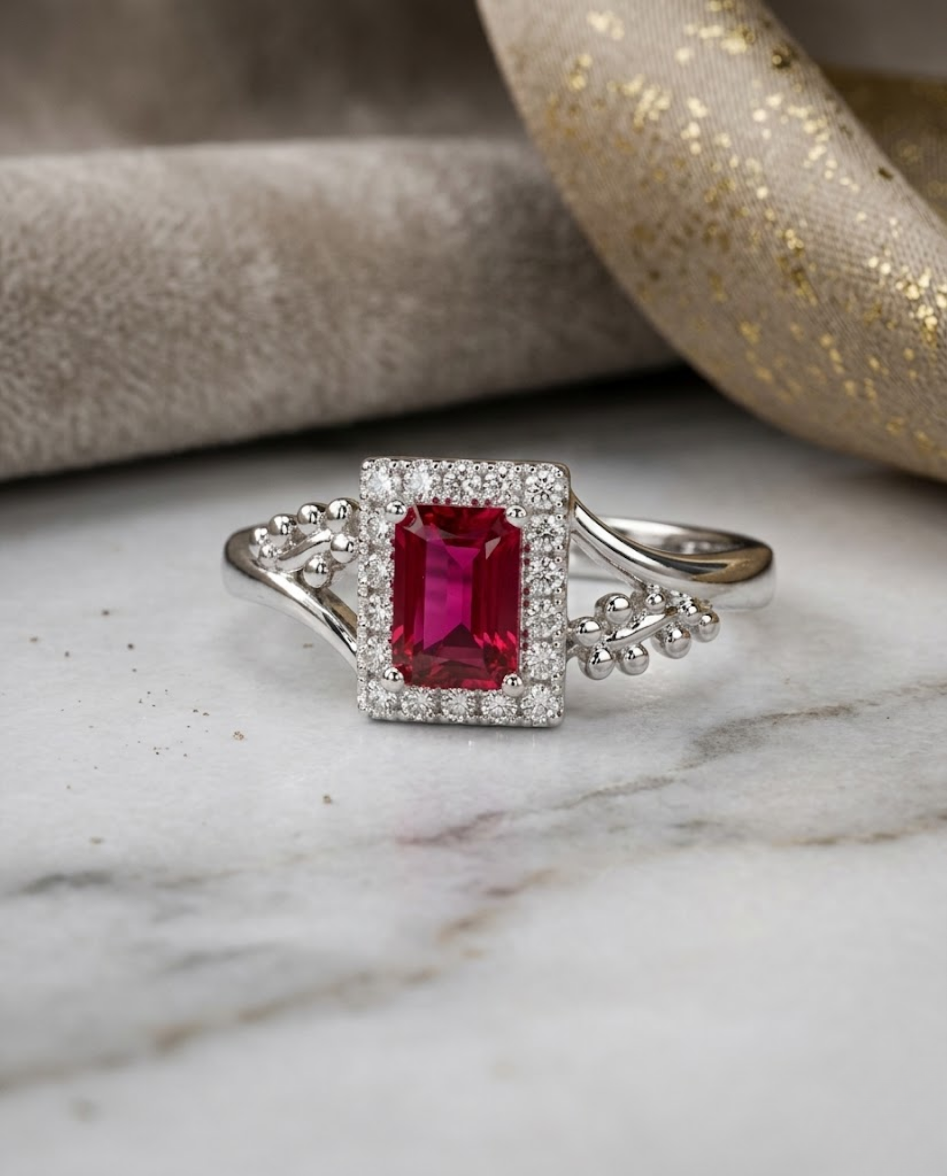 Orneza Ruby Red Zirconia Silver Halo Statement Ring